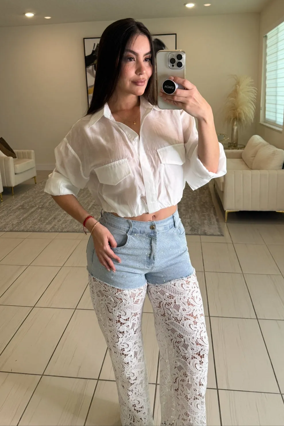 Contrast Embroidery with Shiny Denim Pants