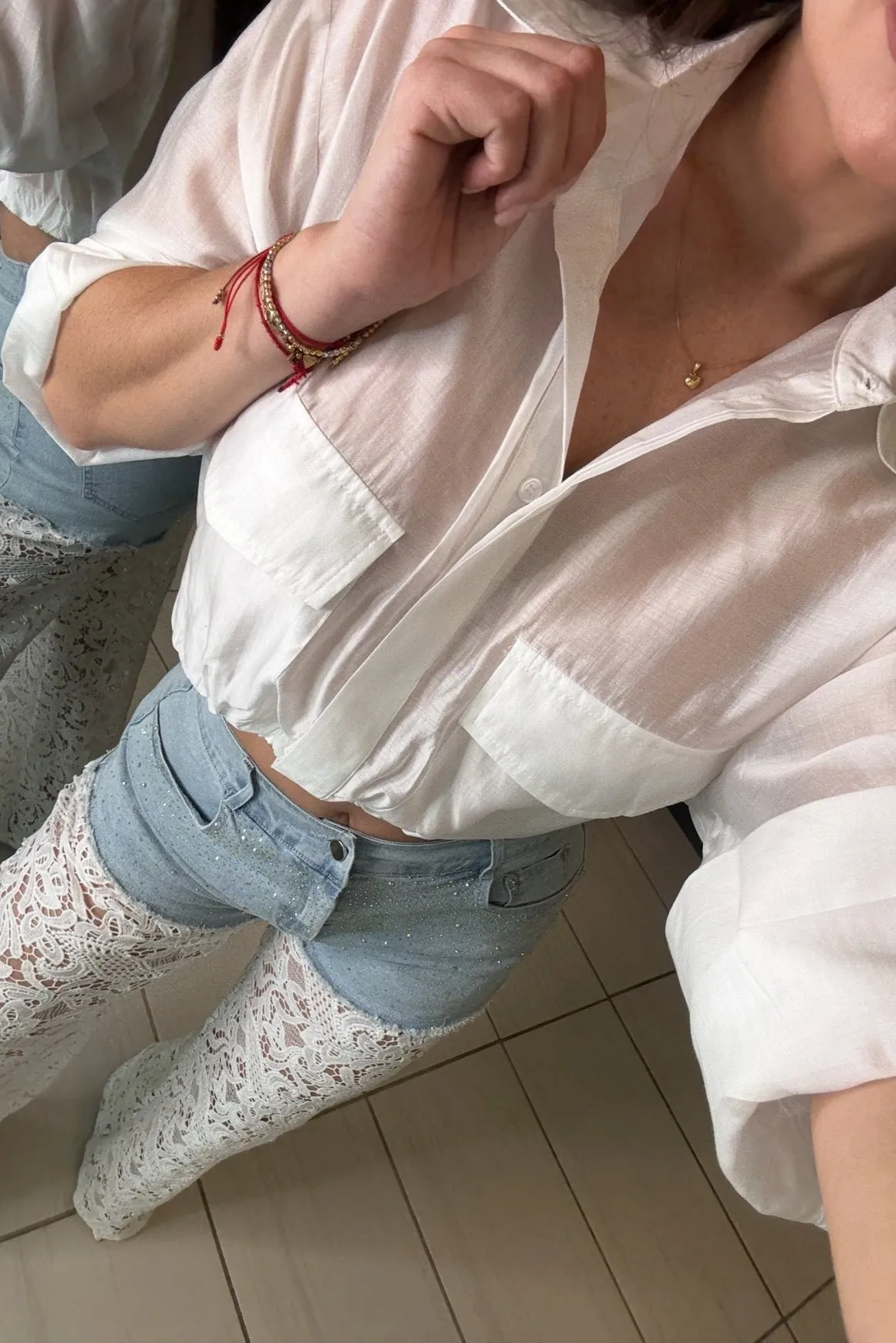 Contrast Embroidery with Shiny Denim Pants