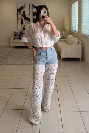 Contrast Embroidery with Shiny Denim Pants