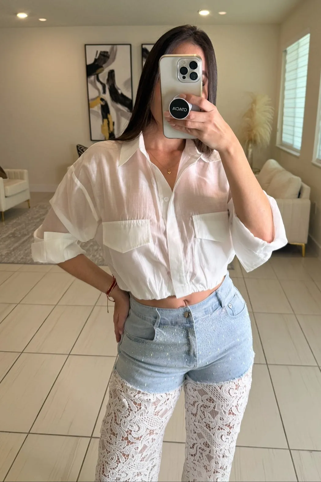 Contrast Embroidery with Shiny Denim Pants
