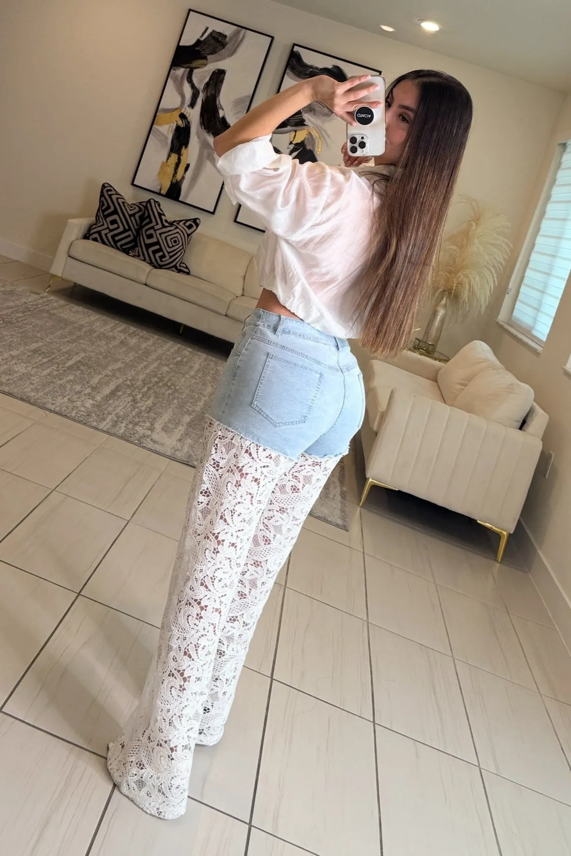 Contrast Embroidery with Shiny Denim Pants