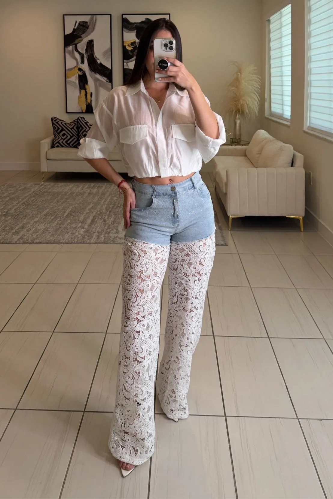 Contrast Embroidery with Shiny Denim Pants