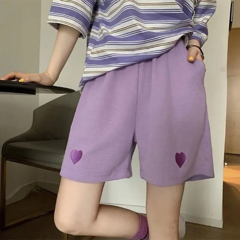 Embroidered Casual Sports Shorts Women's Summer Wide-leg Pants Loose Solid Color High Waist Straight Five-point Shorts