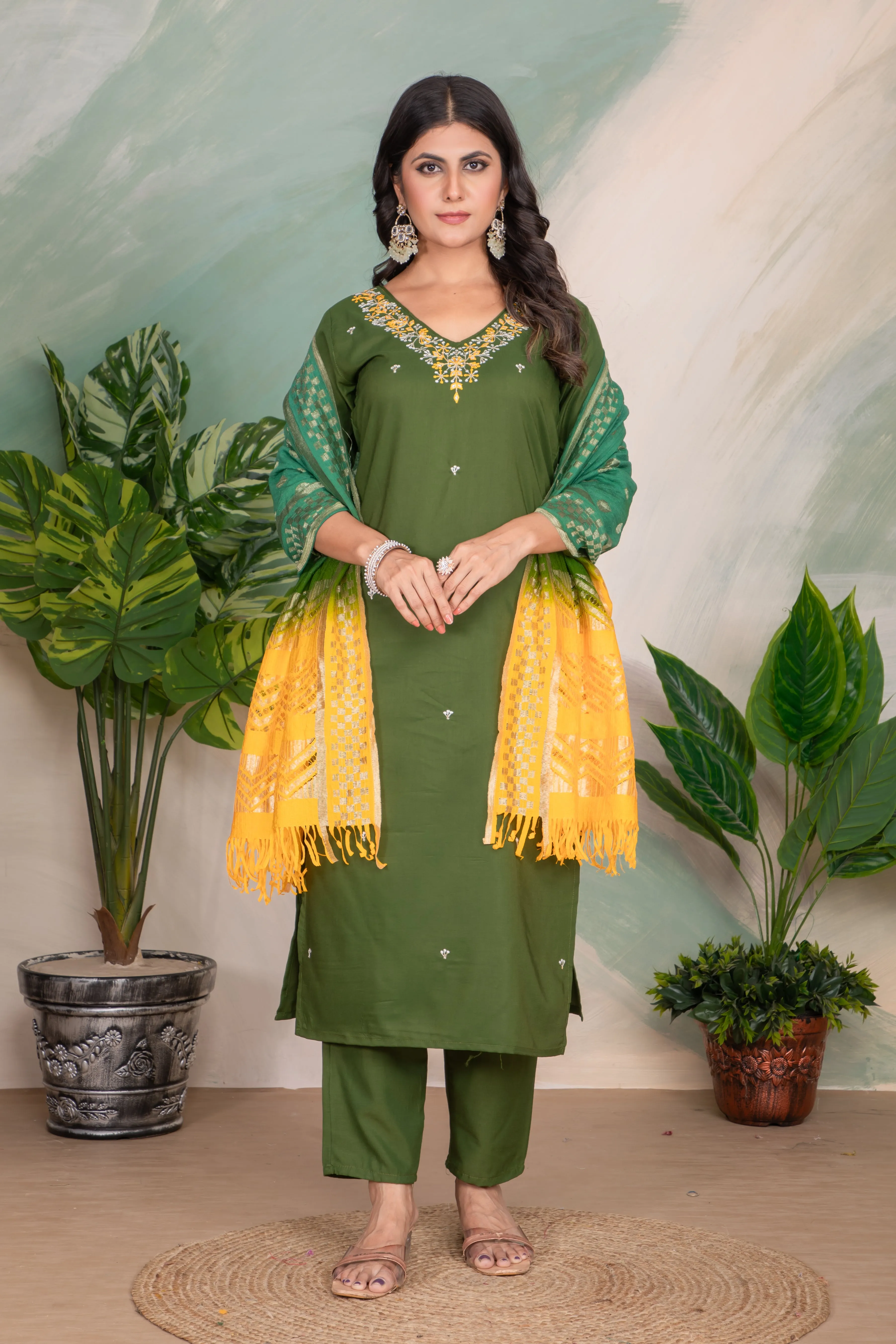 FRIFILL Elegant Green Embroidered Cotton Suit Set with Yellow Dupatta – Traditional Festive Wear for Women