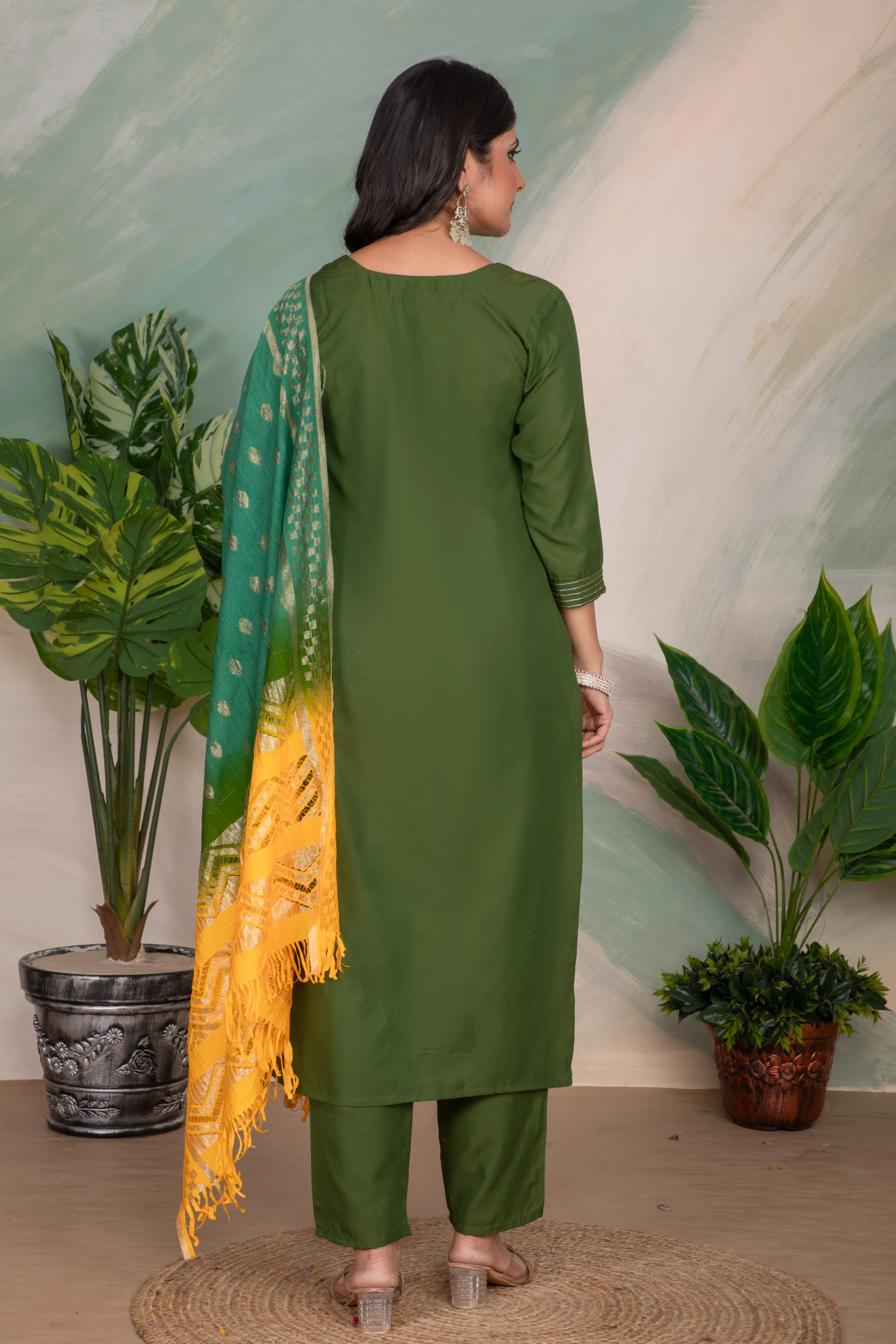 FRIFILL Elegant Green Embroidered Cotton Suit Set with Yellow Dupatta – Traditional Festive Wear for Women