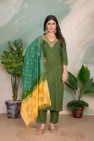 FRIFILL Elegant Green Embroidered Cotton Suit Set with Yellow Dupatta – Traditional Festive Wear for Women