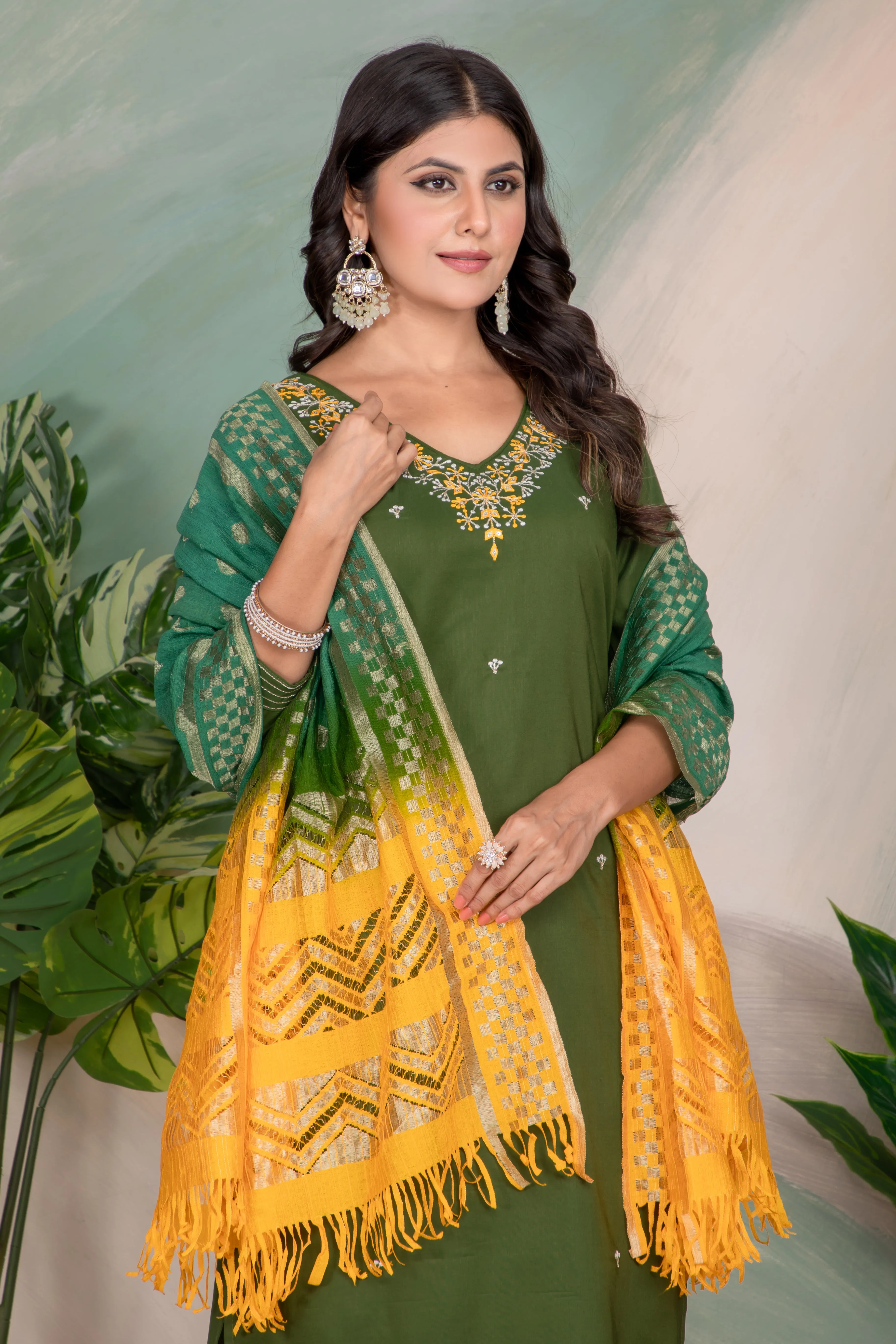 FRIFILL Elegant Green Embroidered Cotton Suit Set with Yellow Dupatta – Traditional Festive Wear for Women
