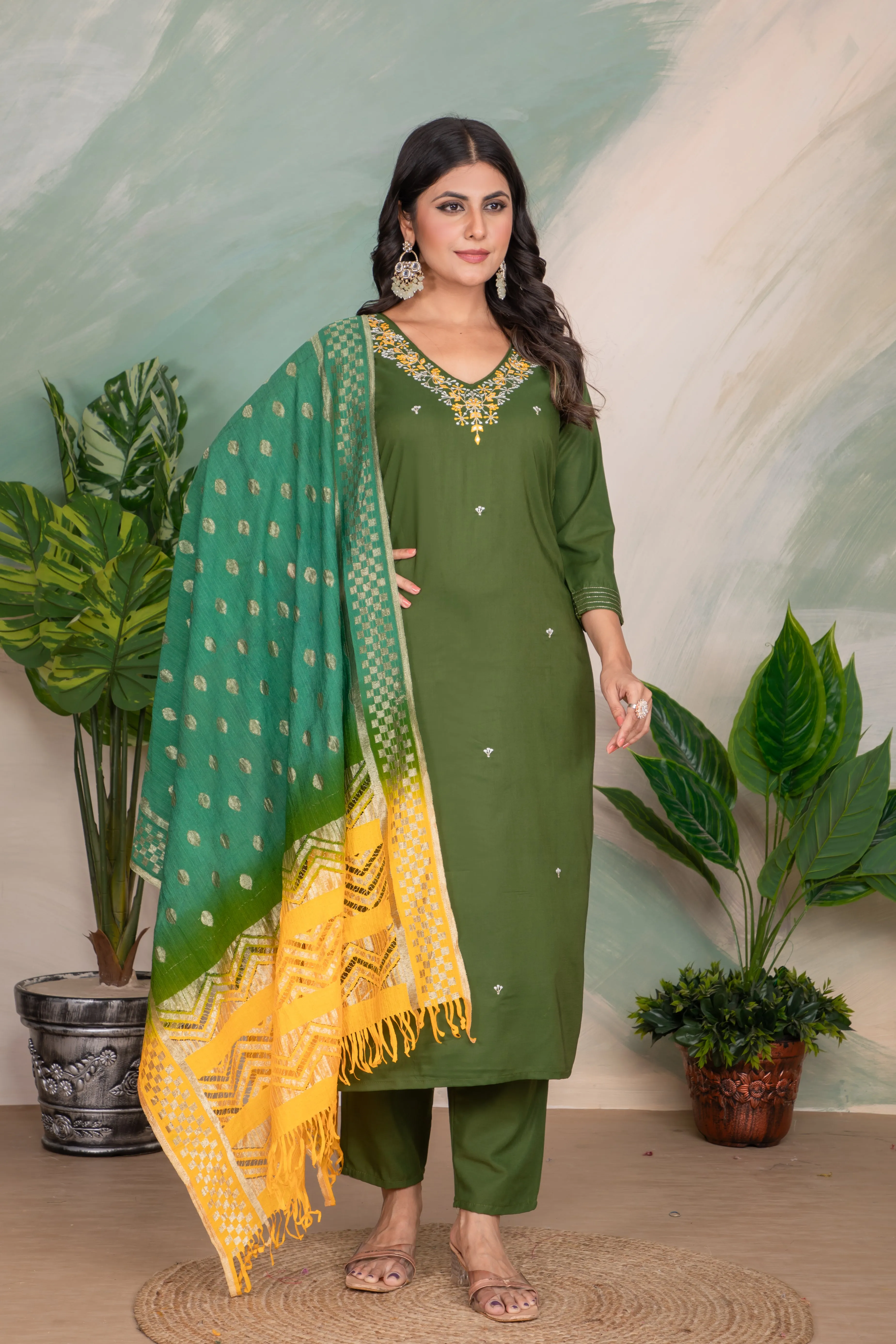 FRIFILL Elegant Green Embroidered Cotton Suit Set with Yellow Dupatta – Traditional Festive Wear for Women