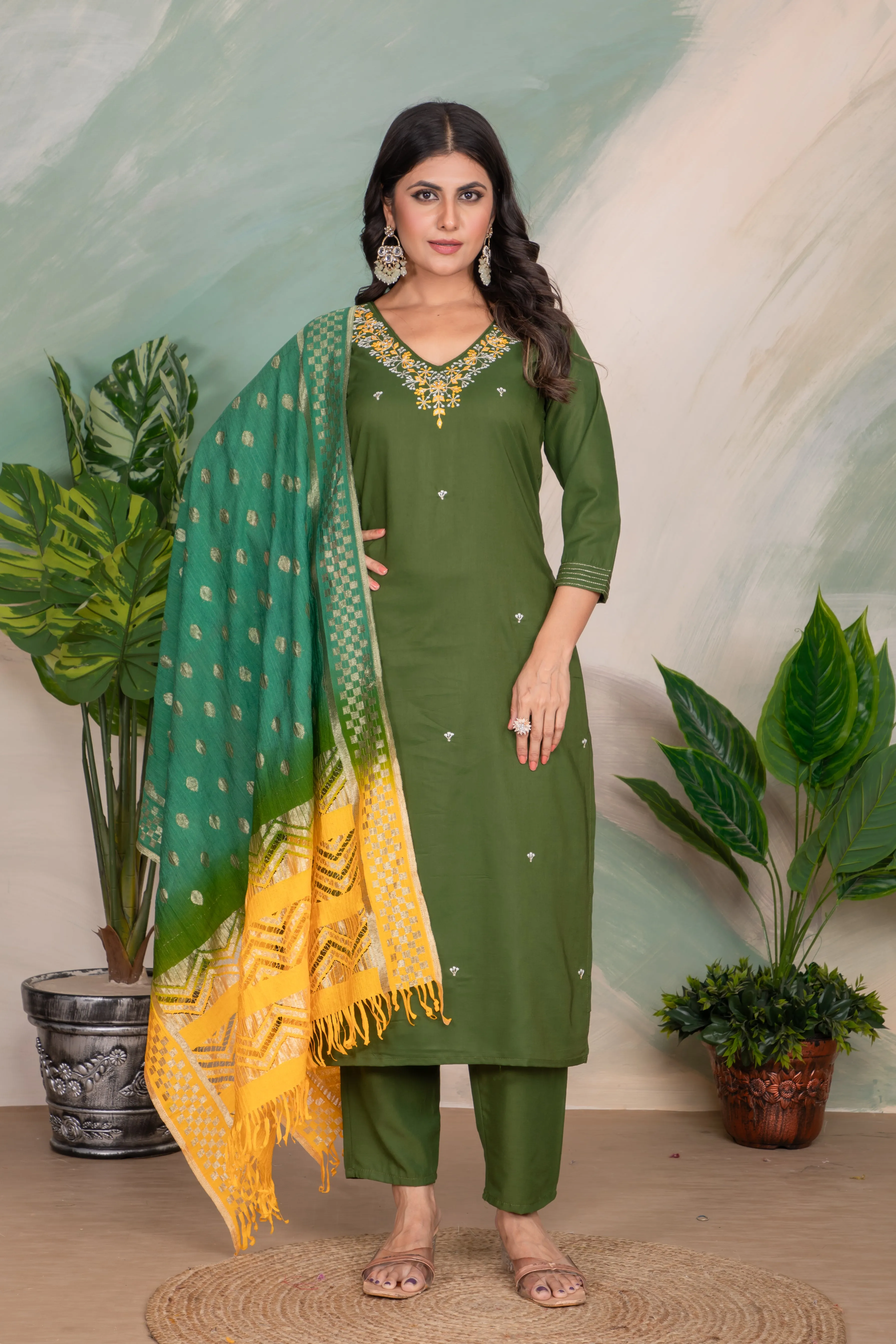 FRIFILL Elegant Green Embroidered Cotton Suit Set with Yellow Dupatta – Traditional Festive Wear for Women