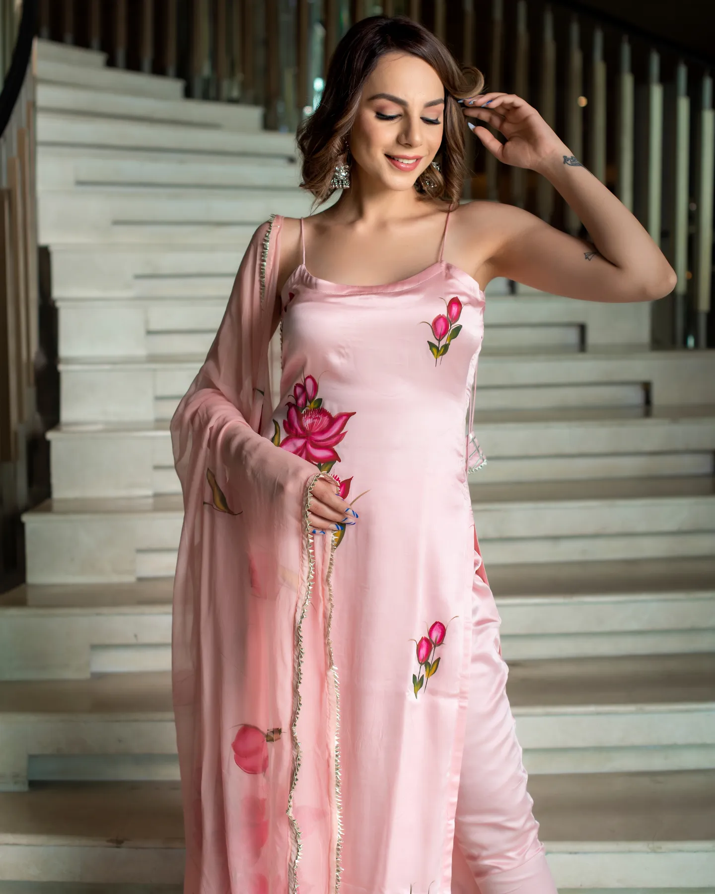 FRILLFIT: Elegant Hand-Painted Silk Suit Set – Blush Pink