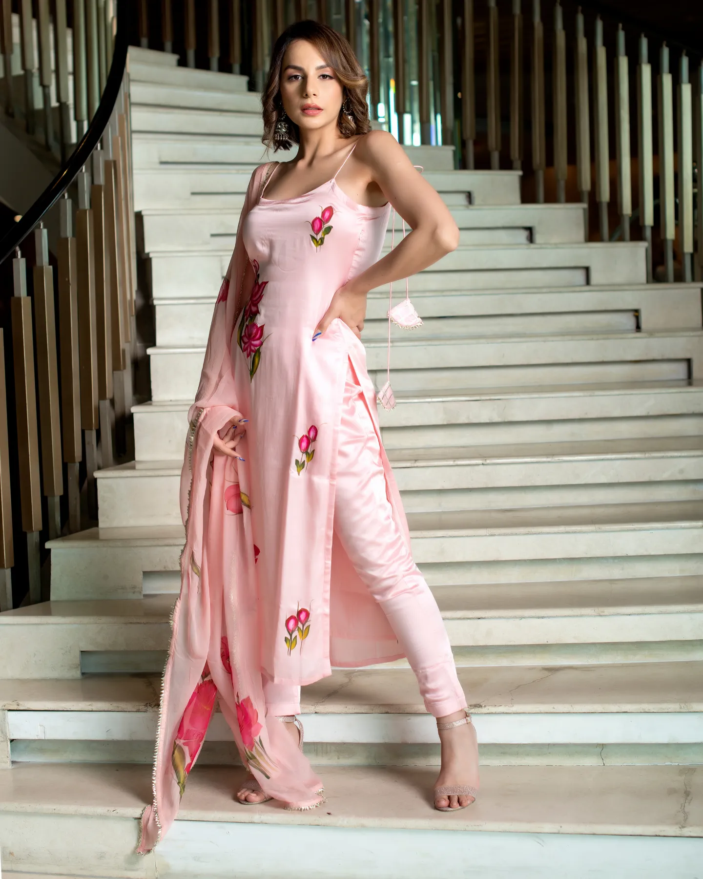 FRILLFIT: Elegant Hand-Painted Silk Suit Set – Blush Pink