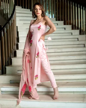 FRILLFIT: Elegant Hand-Painted Silk Suit Set – Blush Pink