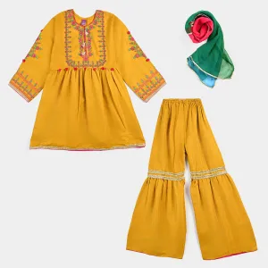 Girls 3 PCs Fancy Suit Mehfil -Mustard
