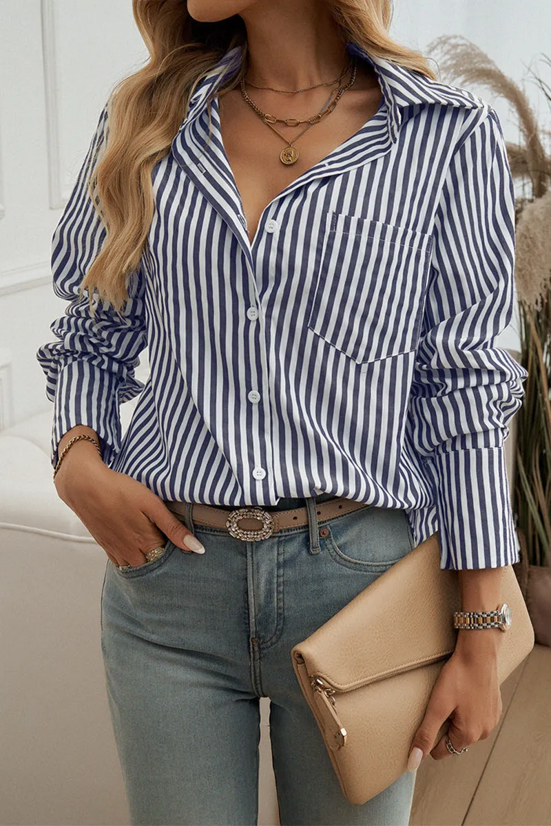 HTR1098 Classic Striped Button-Up Shirt Top