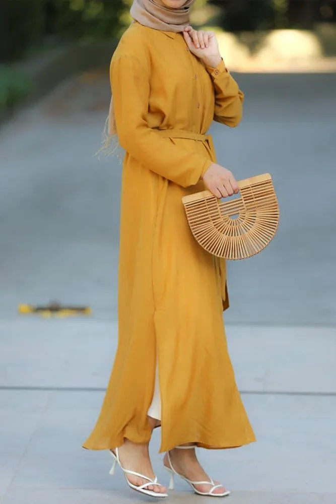Mustard Belted Button-Down Tunic