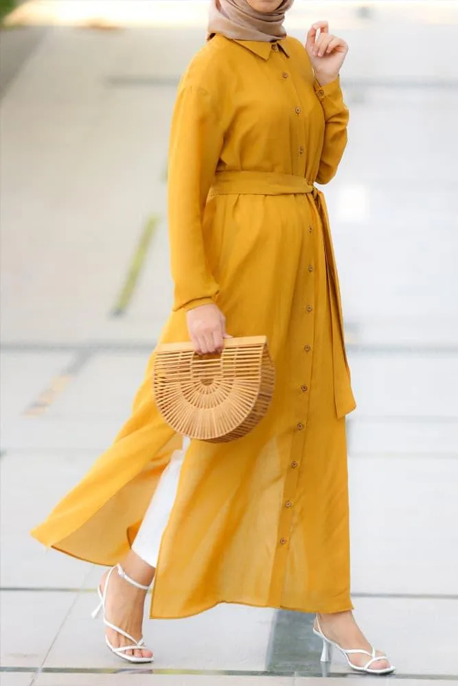 Mustard Belted Button-Down Tunic