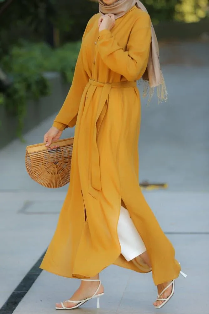 Mustard Belted Button-Down Tunic