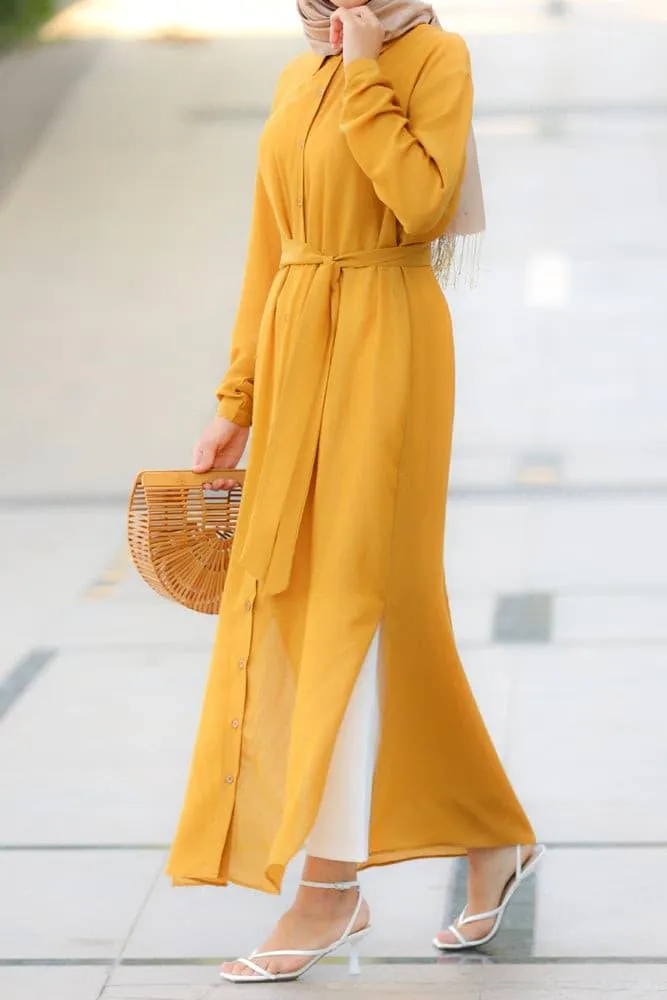 Mustard Belted Button-Down Tunic