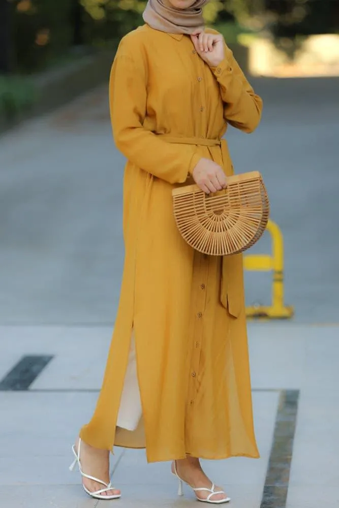 Mustard Belted Button-Down Tunic