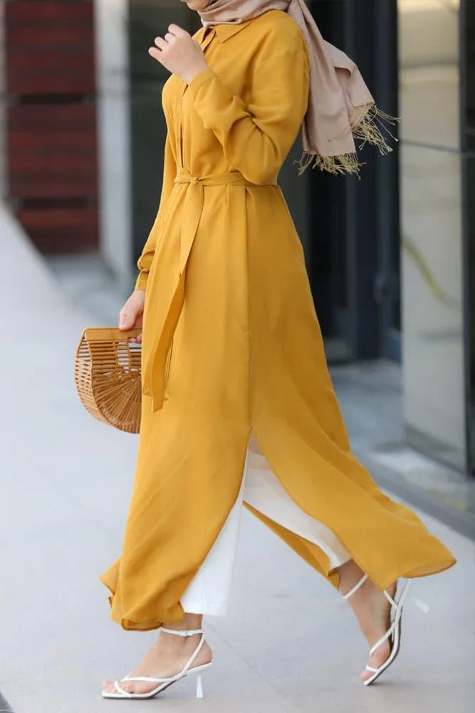 Mustard Belted Button-Down Tunic
