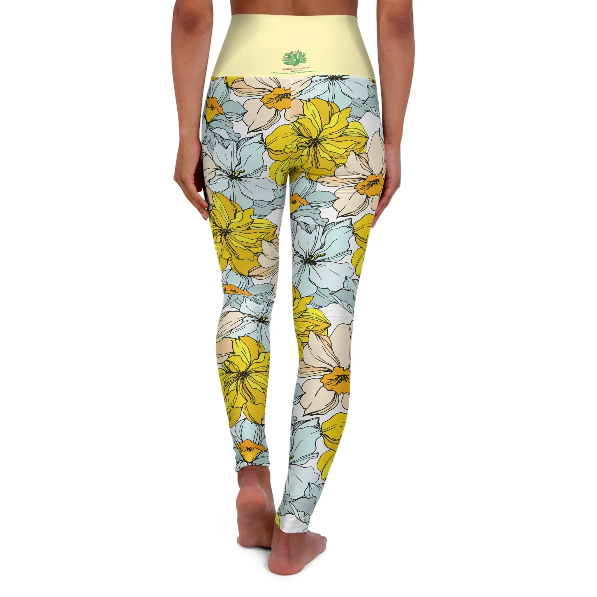 Pastel Yellow Floral High Waisted Yoga Leggings - Stylish Activewear by Margo Makaroff for Comfort & Performance