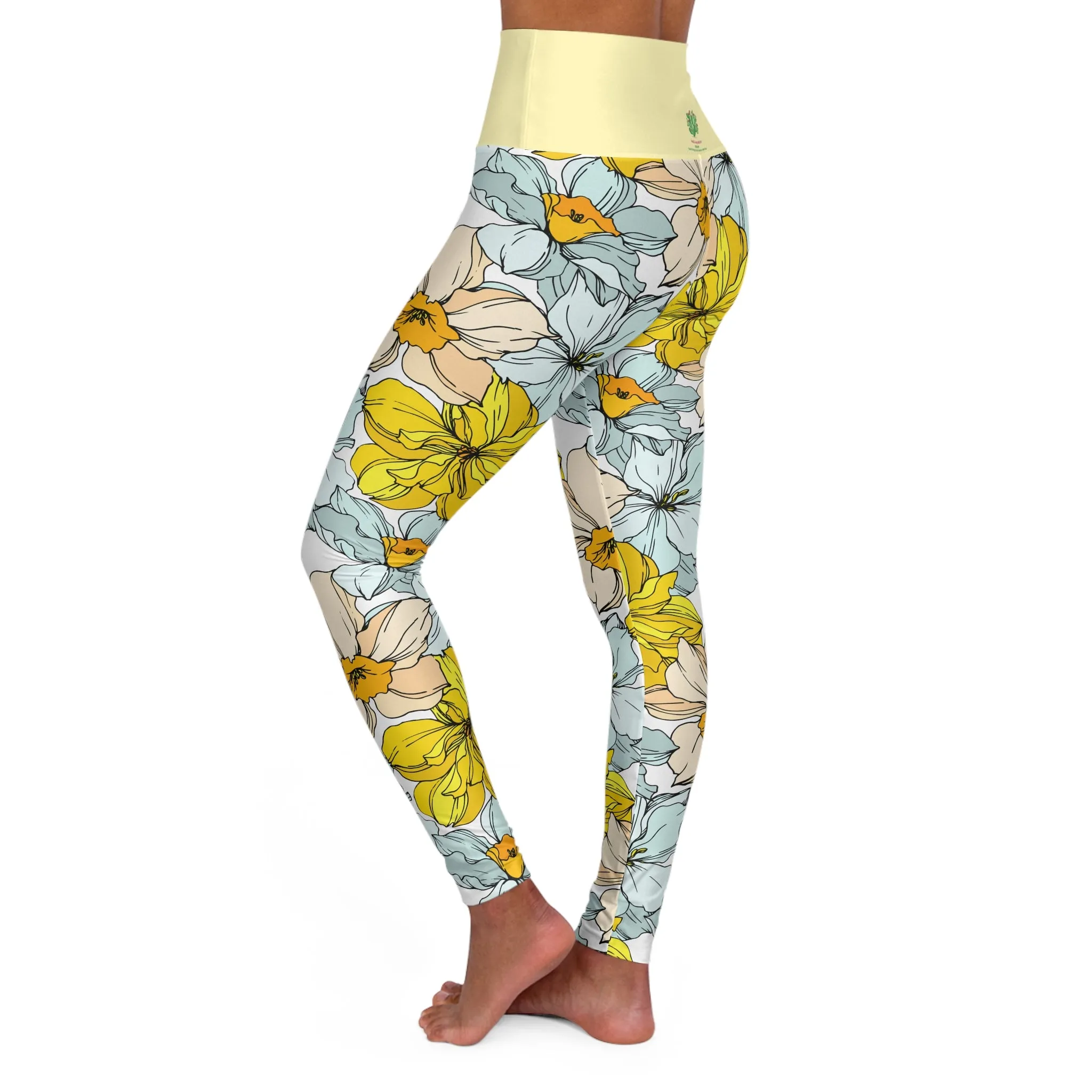 Pastel Yellow Floral High Waisted Yoga Leggings - Stylish Activewear by Margo Makaroff for Comfort & Performance