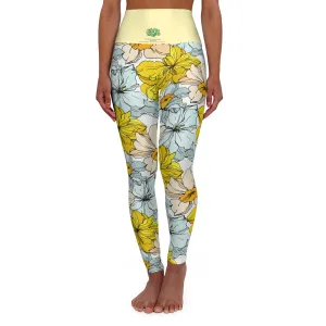 Pastel Yellow Floral High Waisted Yoga Leggings - Stylish Activewear by Margo Makaroff for Comfort & Performance