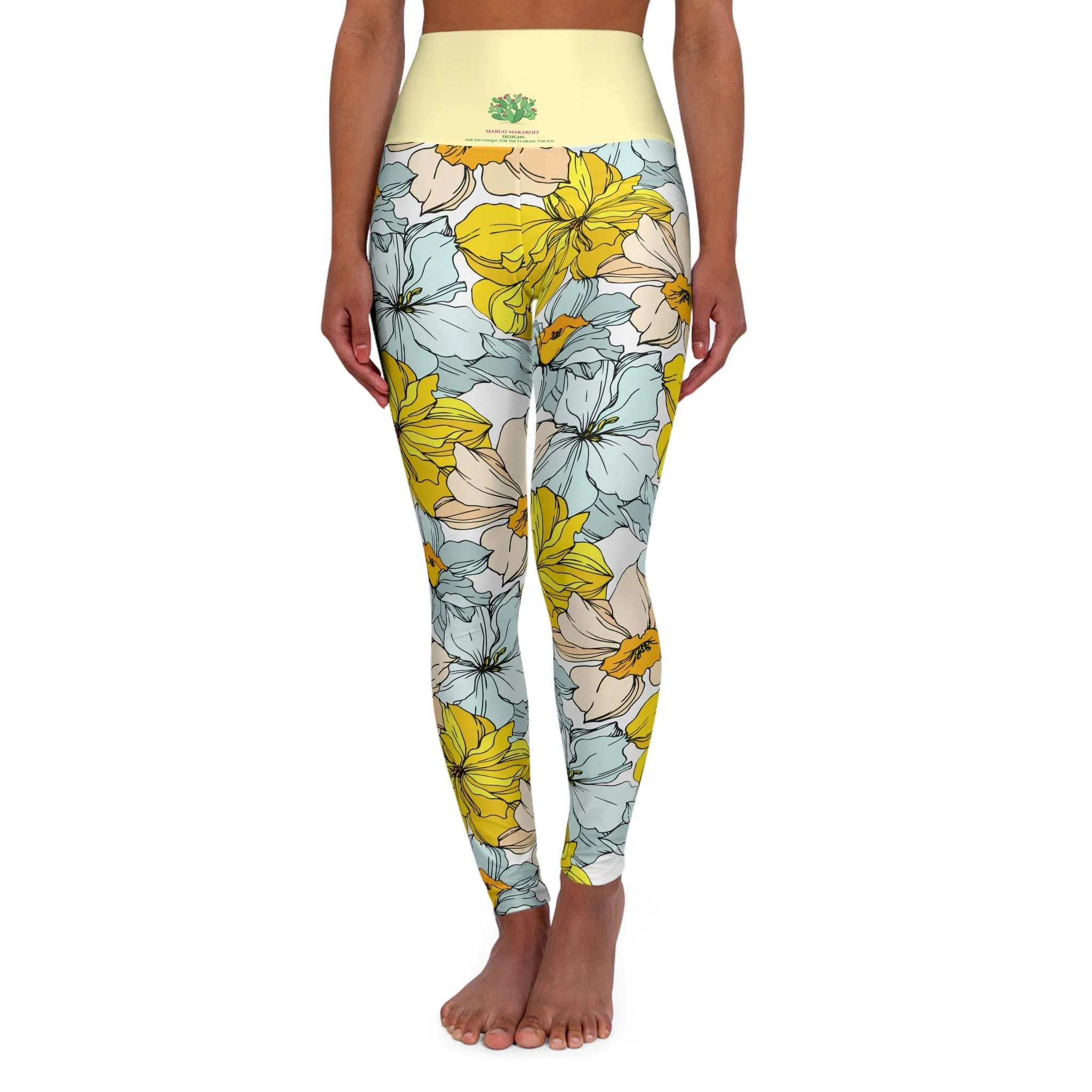 Pastel Yellow Floral High Waisted Yoga Leggings - Stylish Activewear by Margo Makaroff for Comfort & Performance