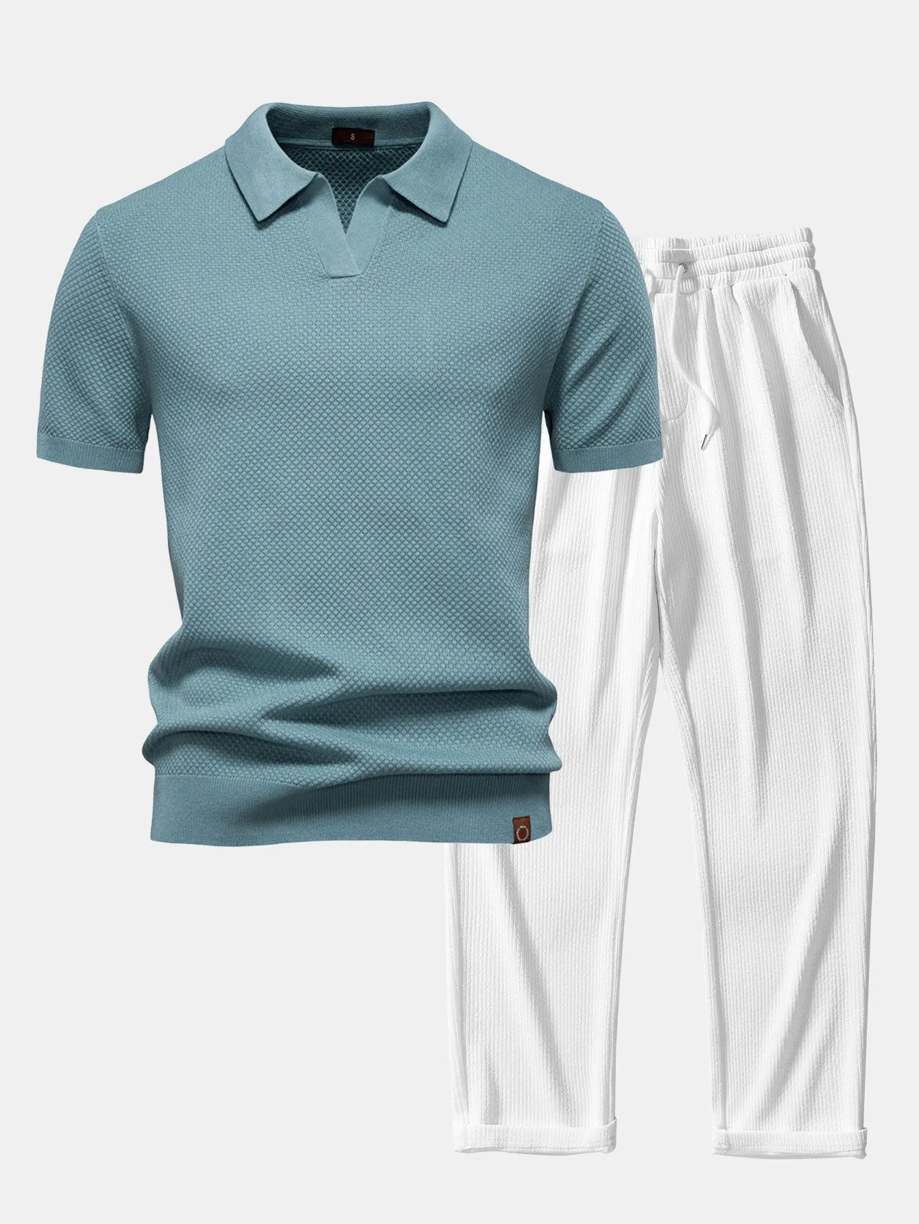 Pineapple Texture Knit V Neck Polo & Straight Leg Ribbed Pants