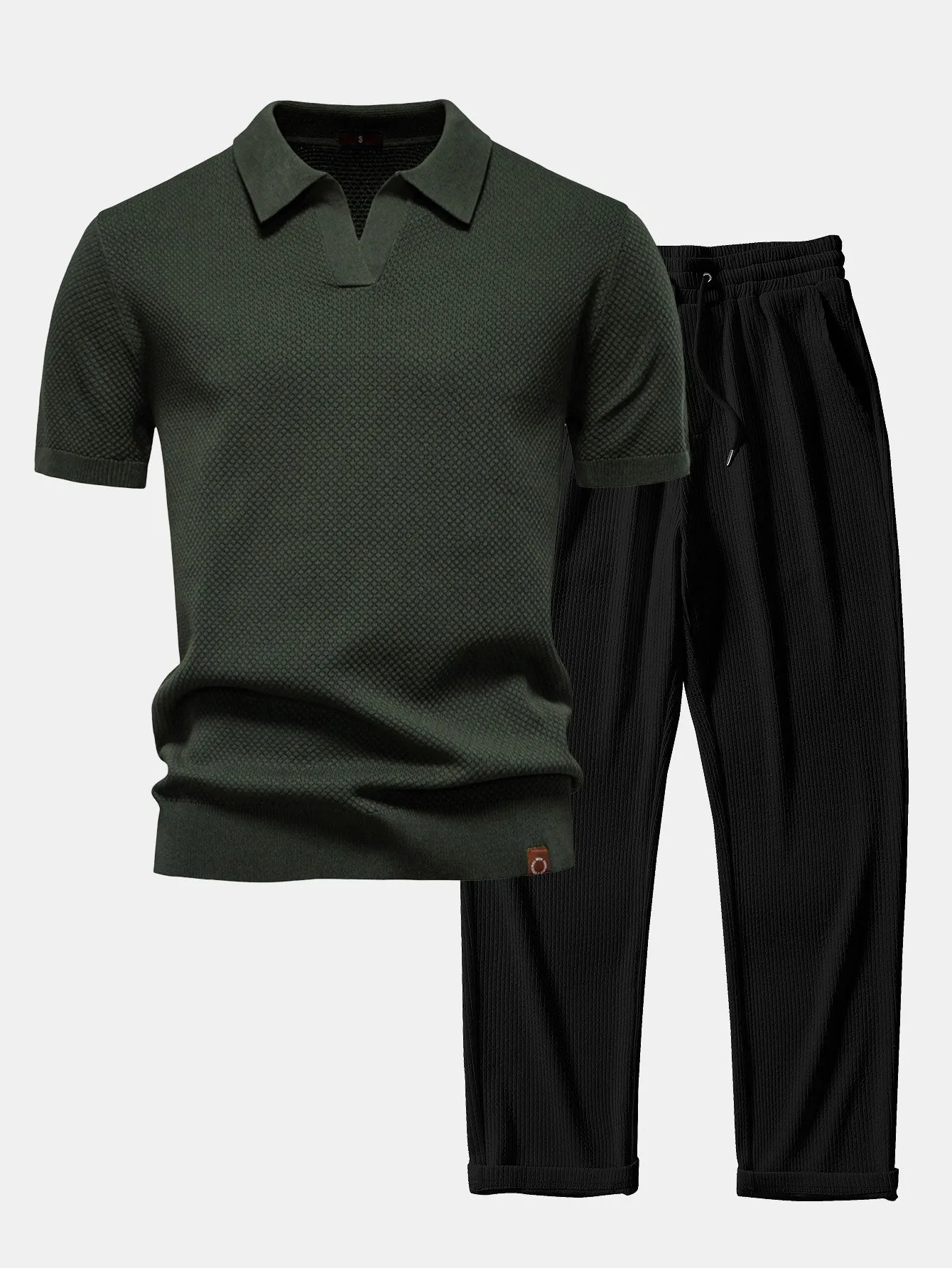 Pineapple Texture Knit V Neck Polo & Straight Leg Ribbed Pants