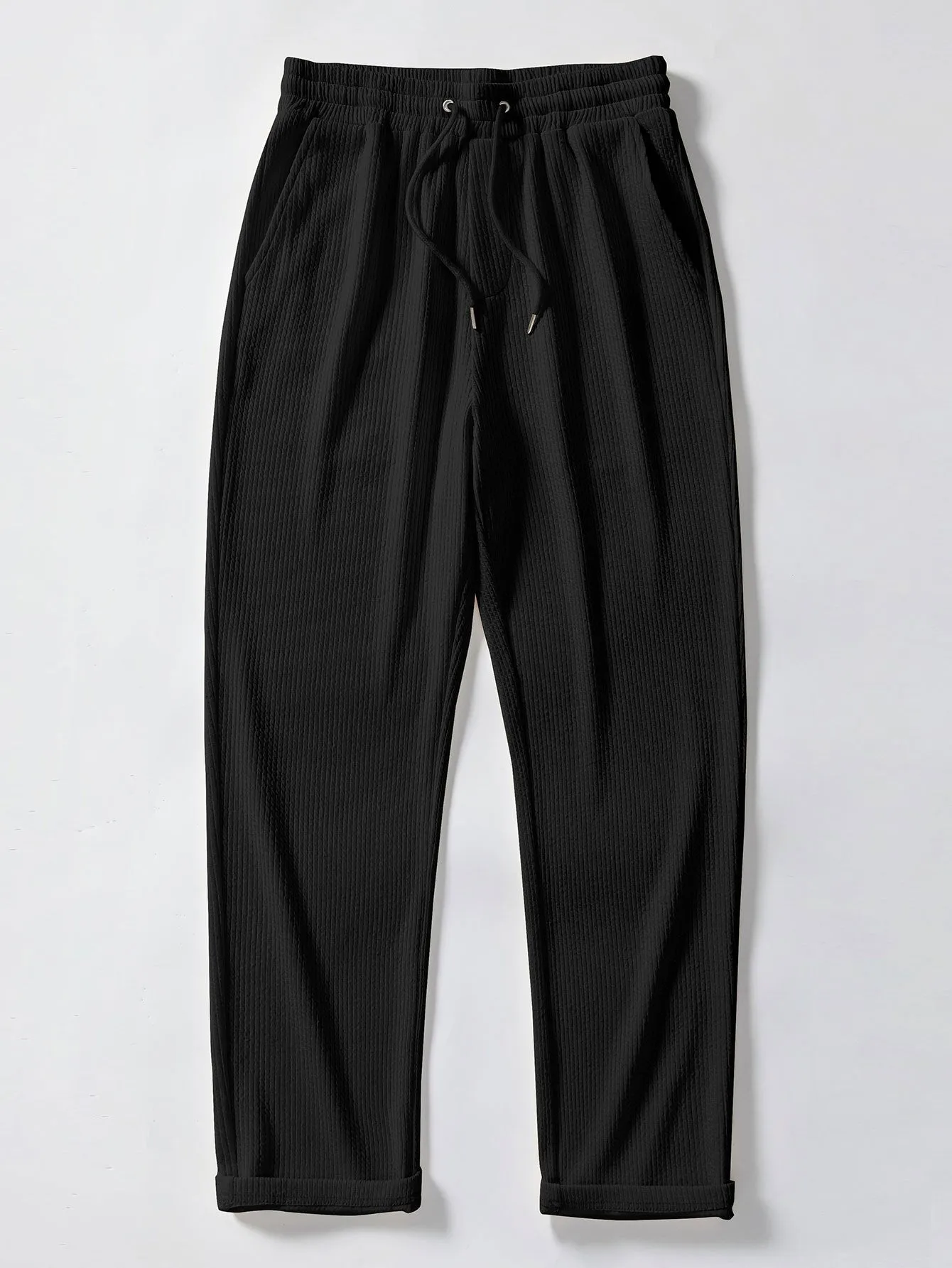 Pineapple Texture Knit V Neck Polo & Straight Leg Ribbed Pants