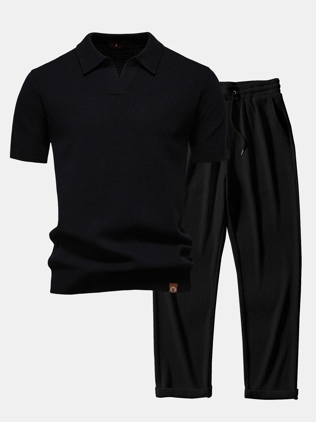 Pineapple Texture Knit V Neck Polo & Straight Leg Ribbed Pants