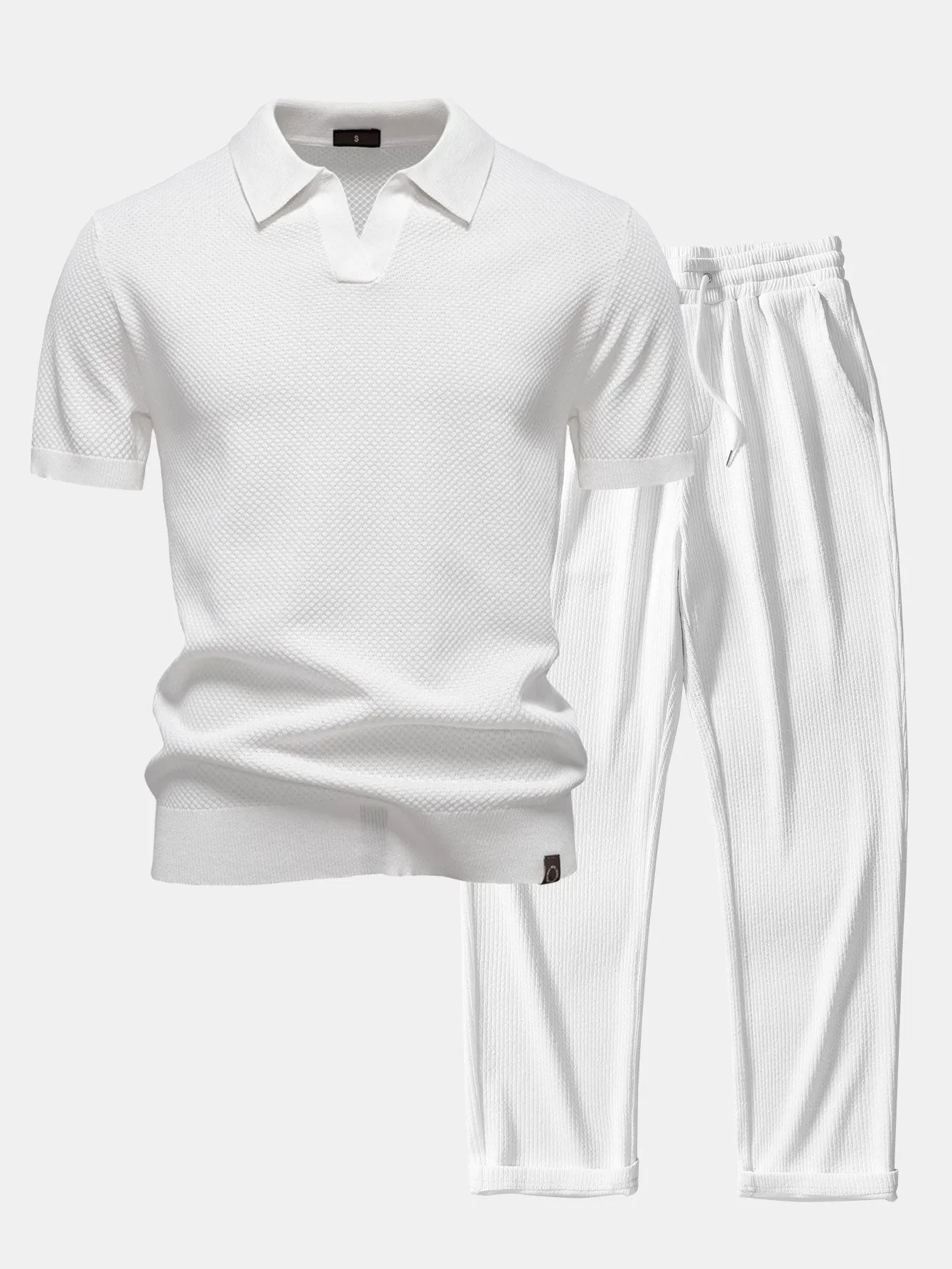 Pineapple Texture Knit V Neck Polo & Straight Leg Ribbed Pants