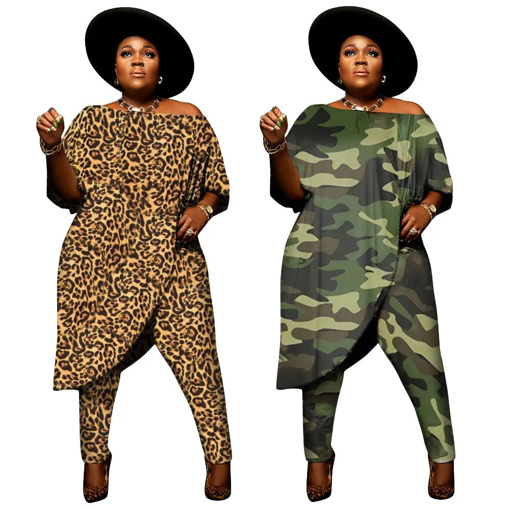 Plus Size Fashion Leopard Print Short Sleeve Casual Two Piece Pant Set