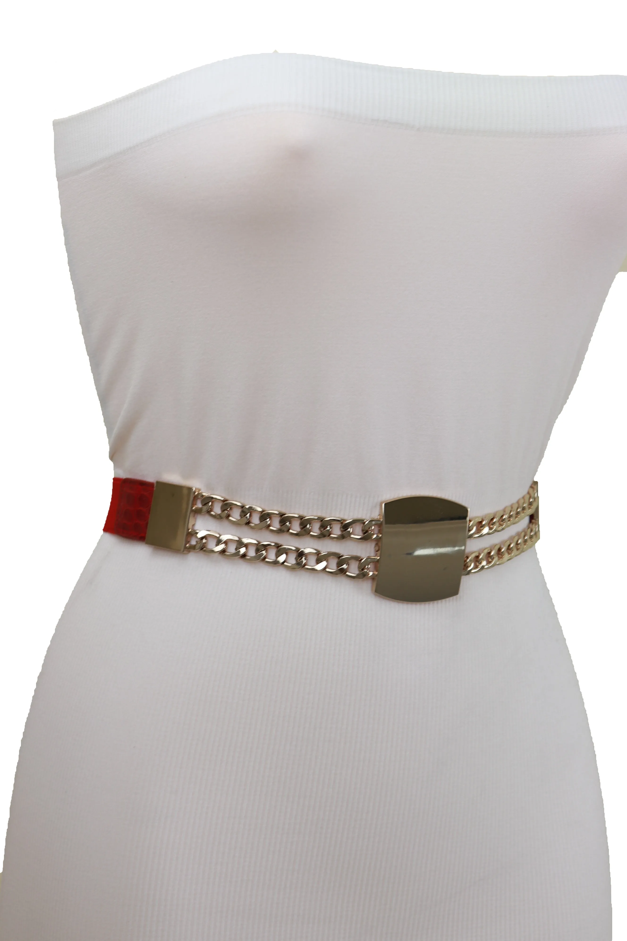 Red Elastic Waistband Belt Gold Metal Square Buckle Fit Size S M