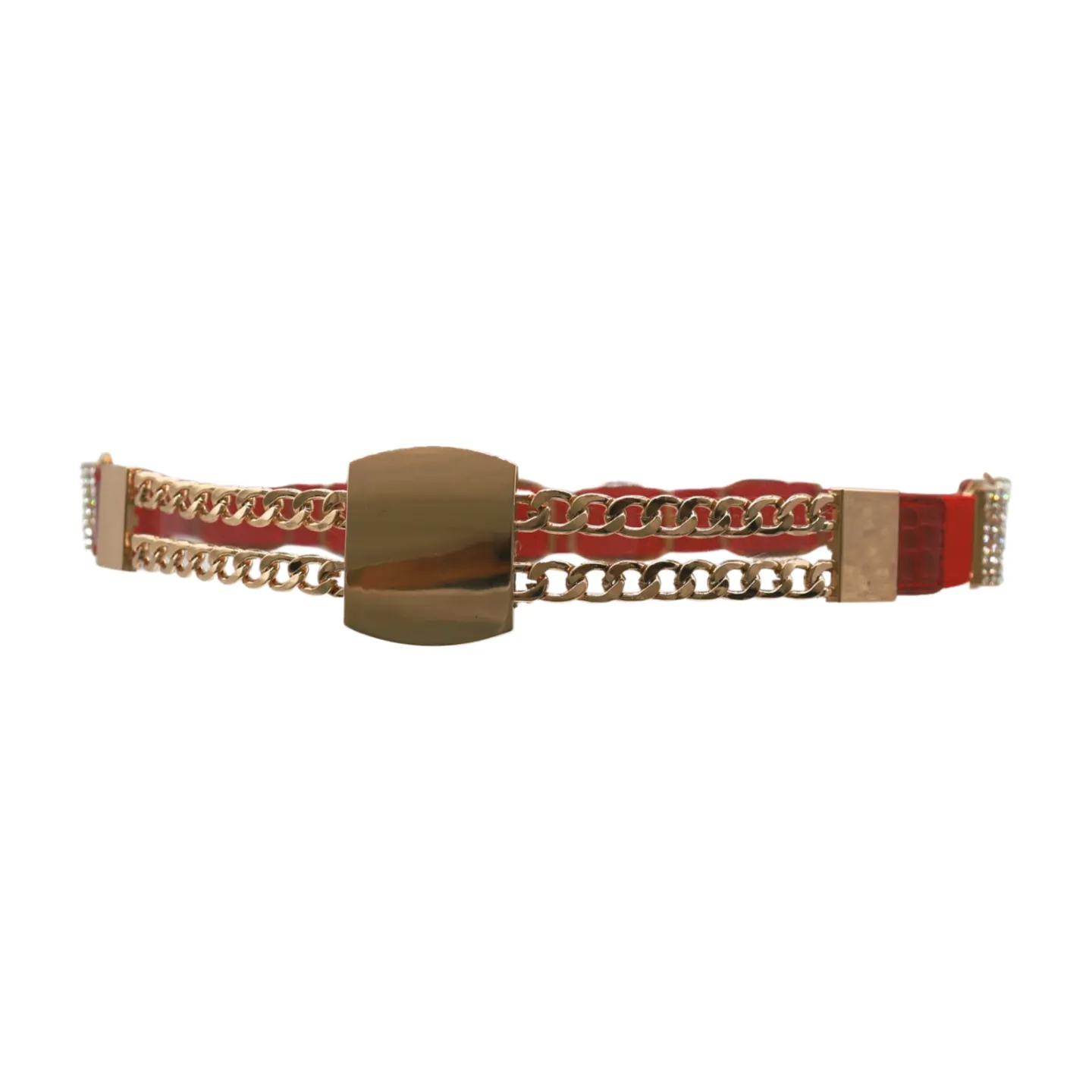 Red Elastic Waistband Belt Gold Metal Square Buckle Fit Size S M