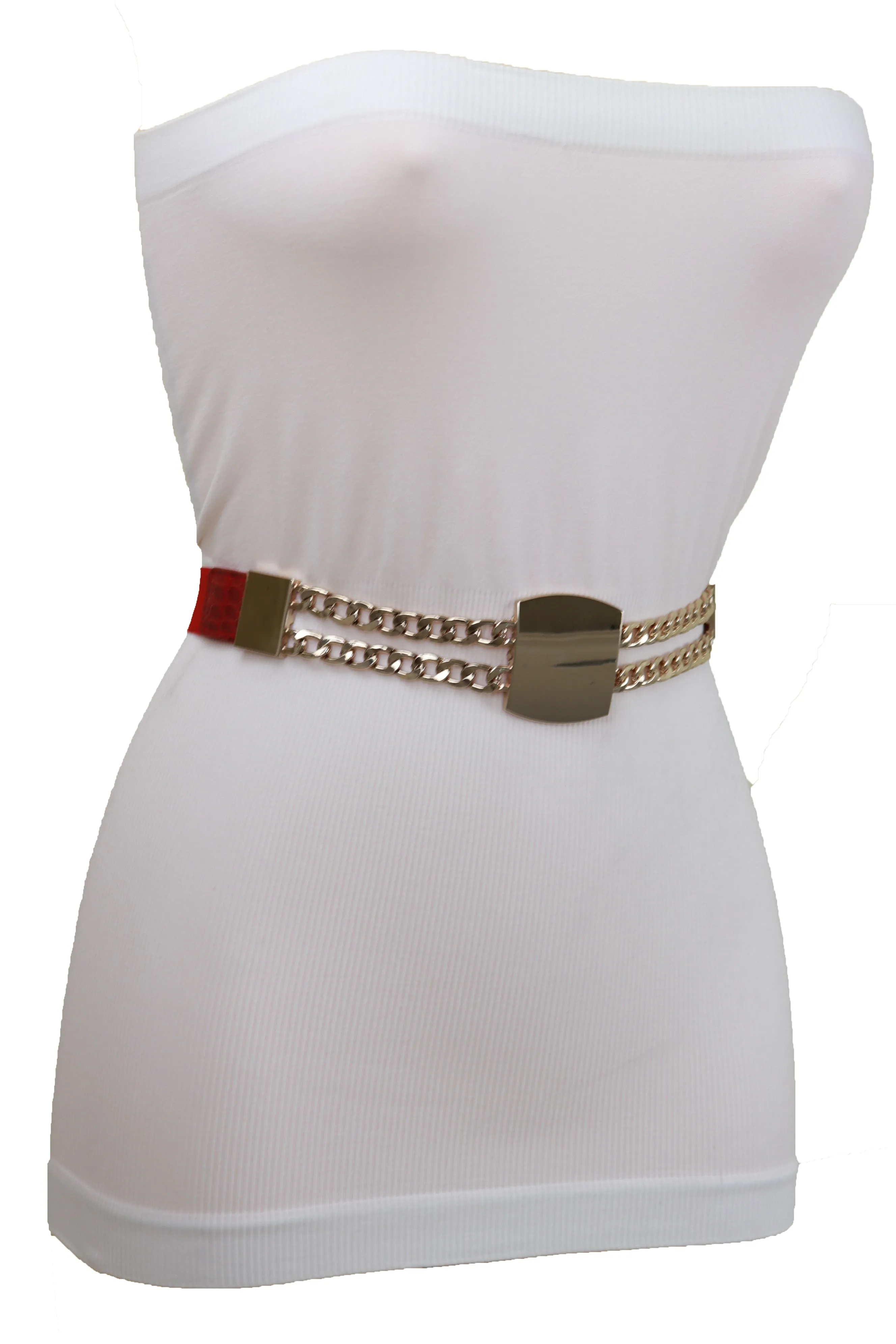 Red Elastic Waistband Belt Gold Metal Square Buckle Fit Size S M