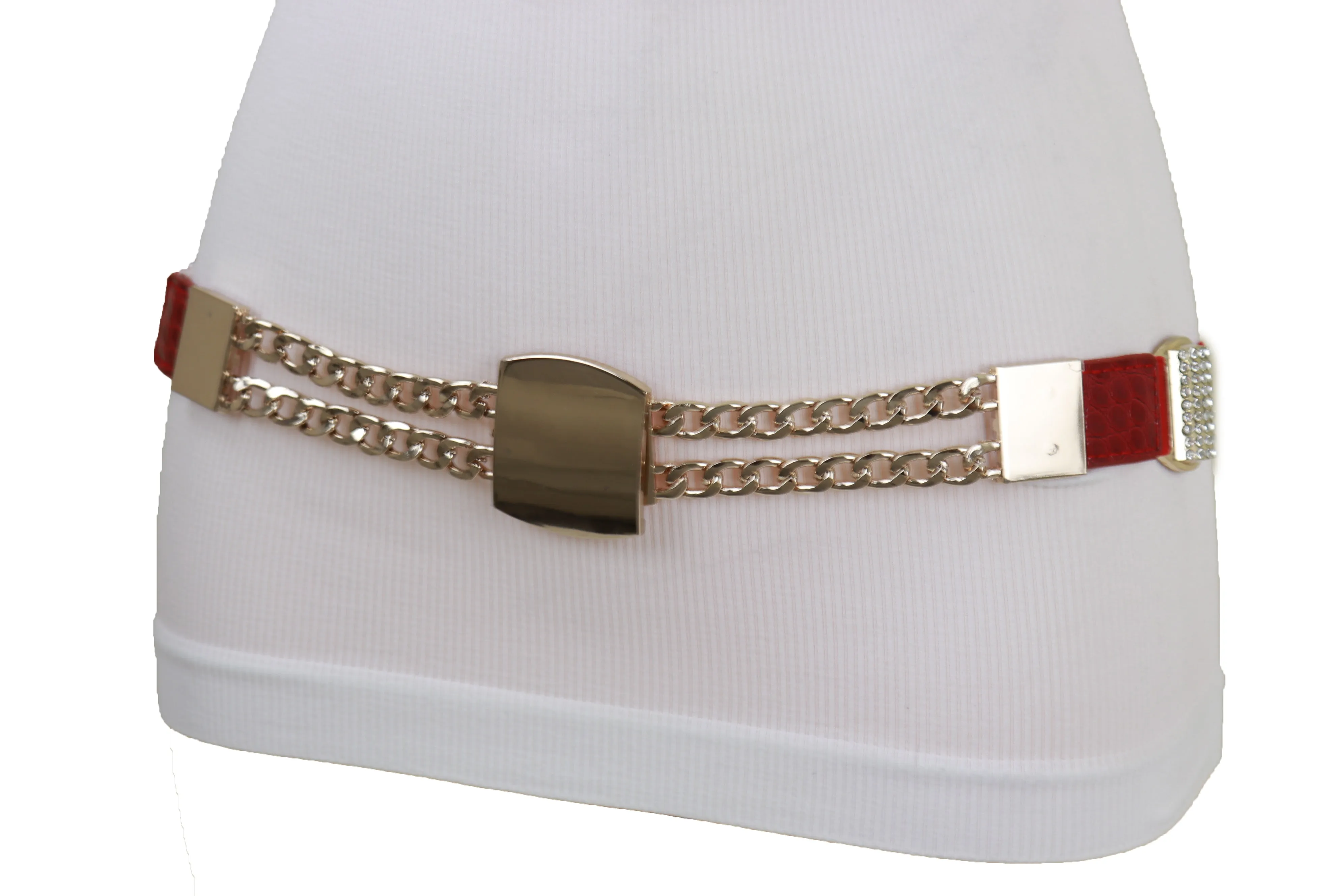 Red Elastic Waistband Belt Gold Metal Square Buckle Fit Size S M