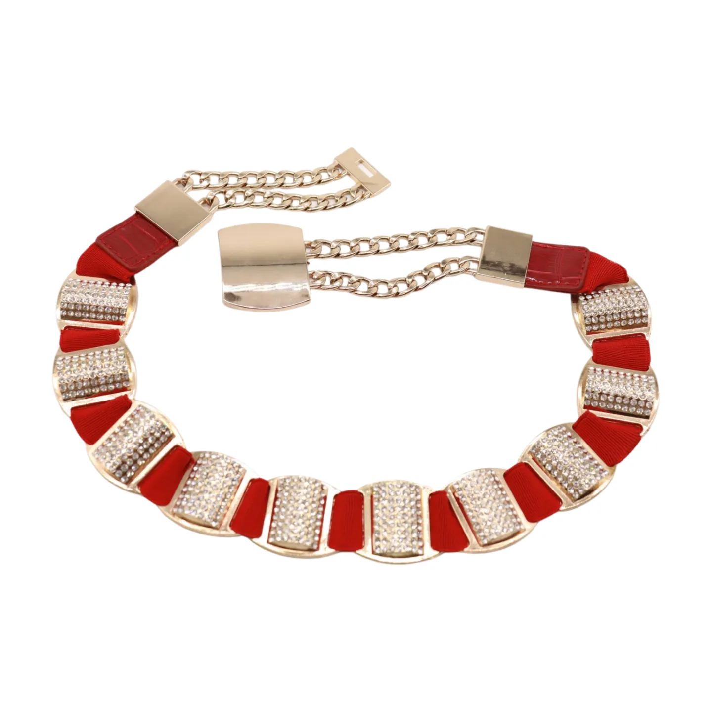 Red Elastic Waistband Belt Gold Metal Square Buckle Fit Size S M