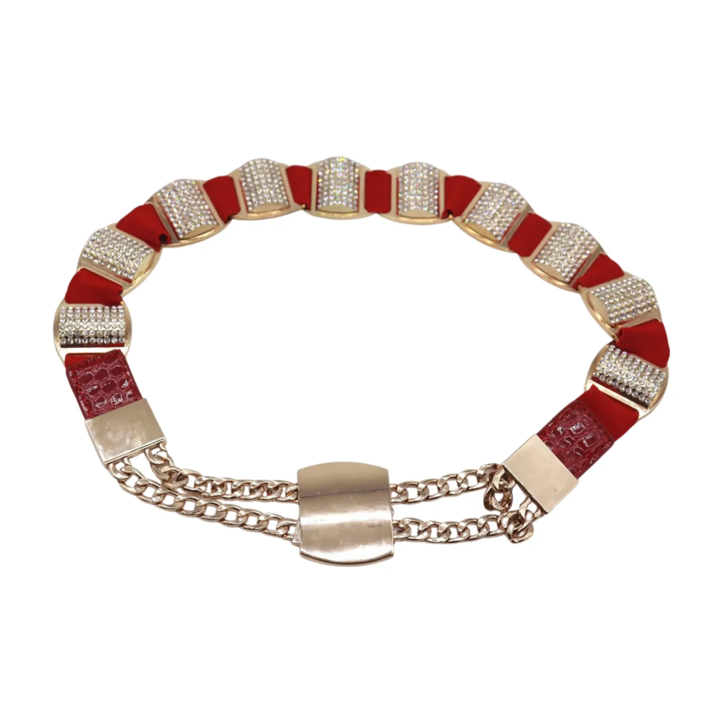 Red Elastic Waistband Belt Gold Metal Square Buckle Fit Size S M