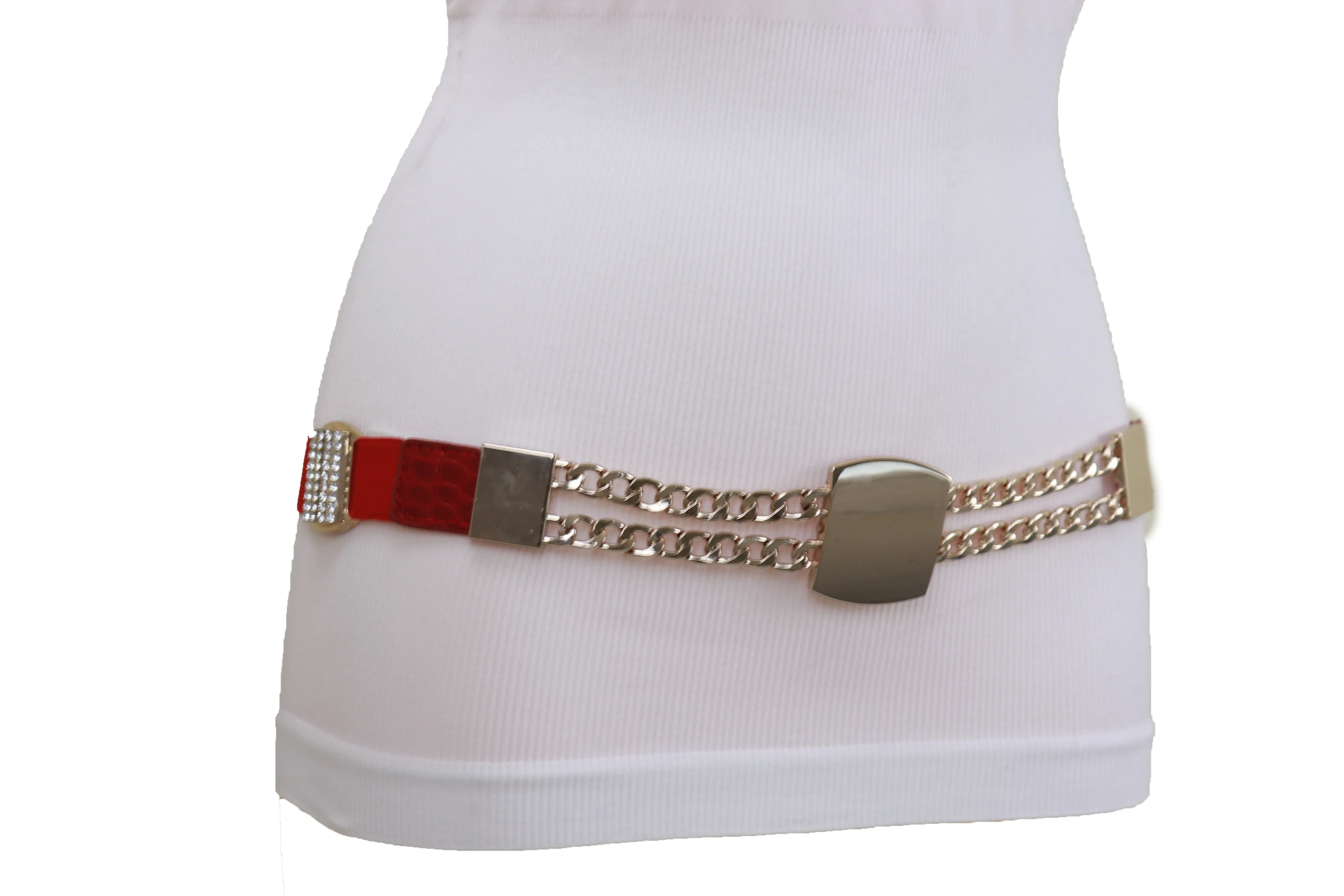 Red Elastic Waistband Belt Gold Metal Square Buckle Fit Size S M