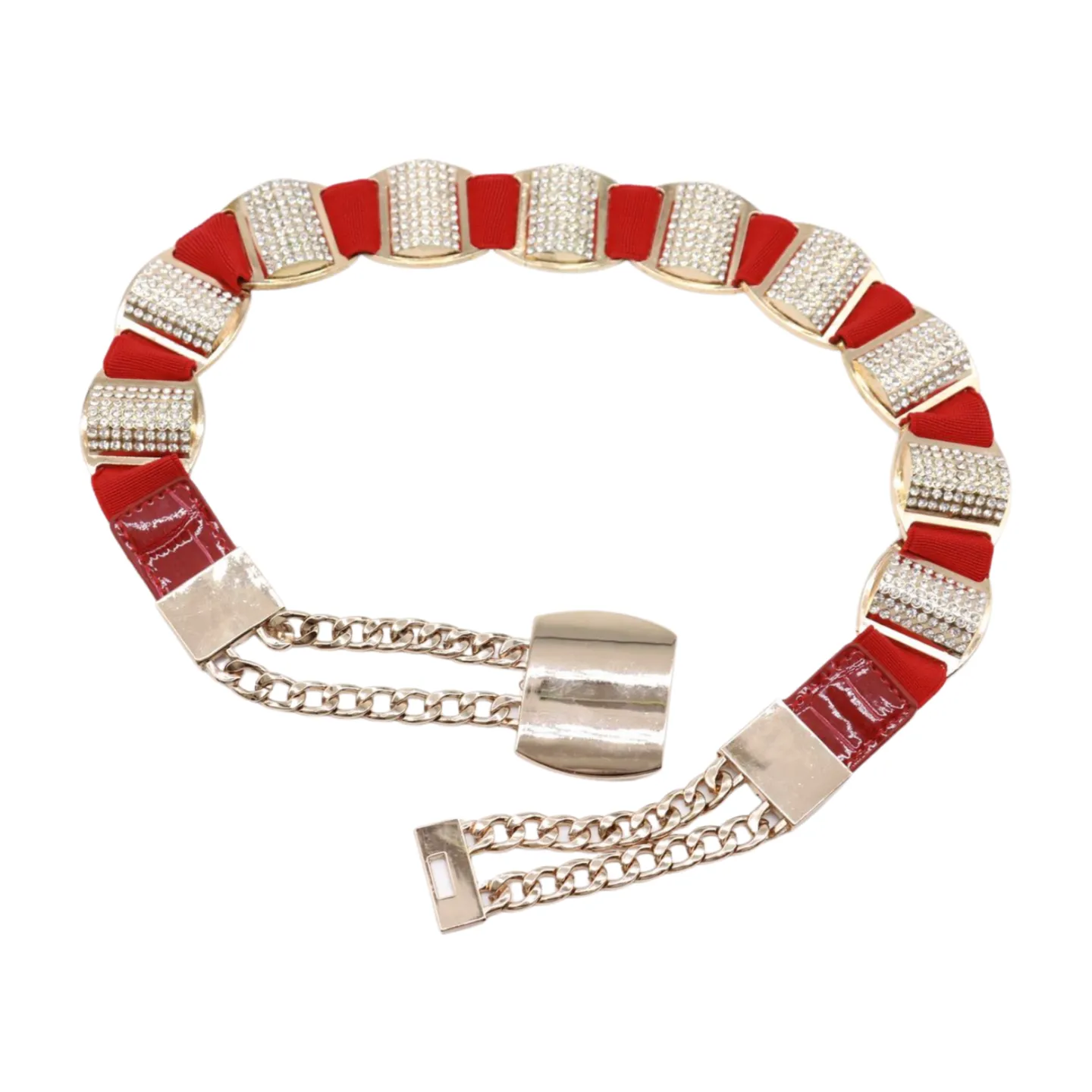 Red Elastic Waistband Belt Gold Metal Square Buckle Fit Size S M