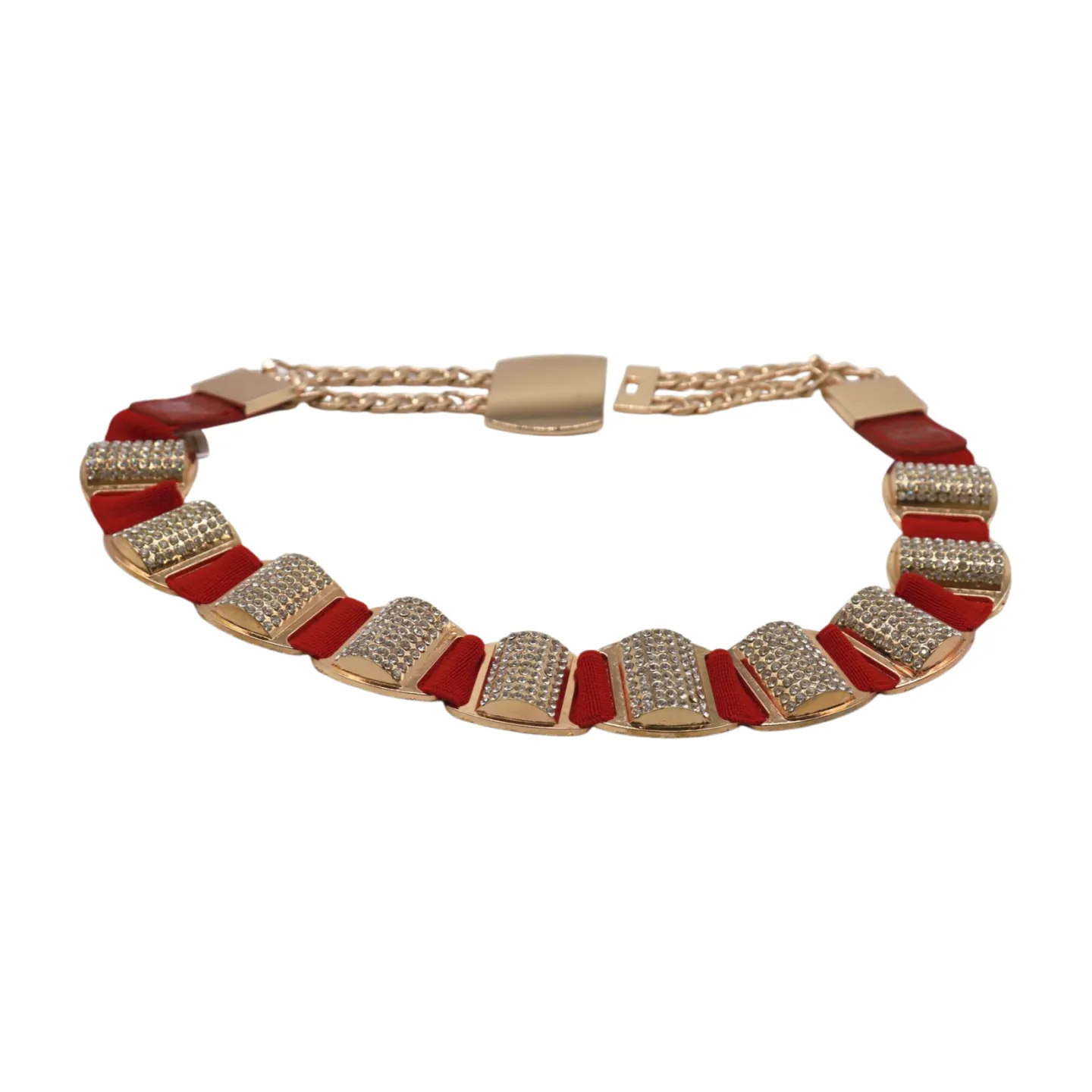 Red Elastic Waistband Belt Gold Metal Square Buckle Fit Size S M