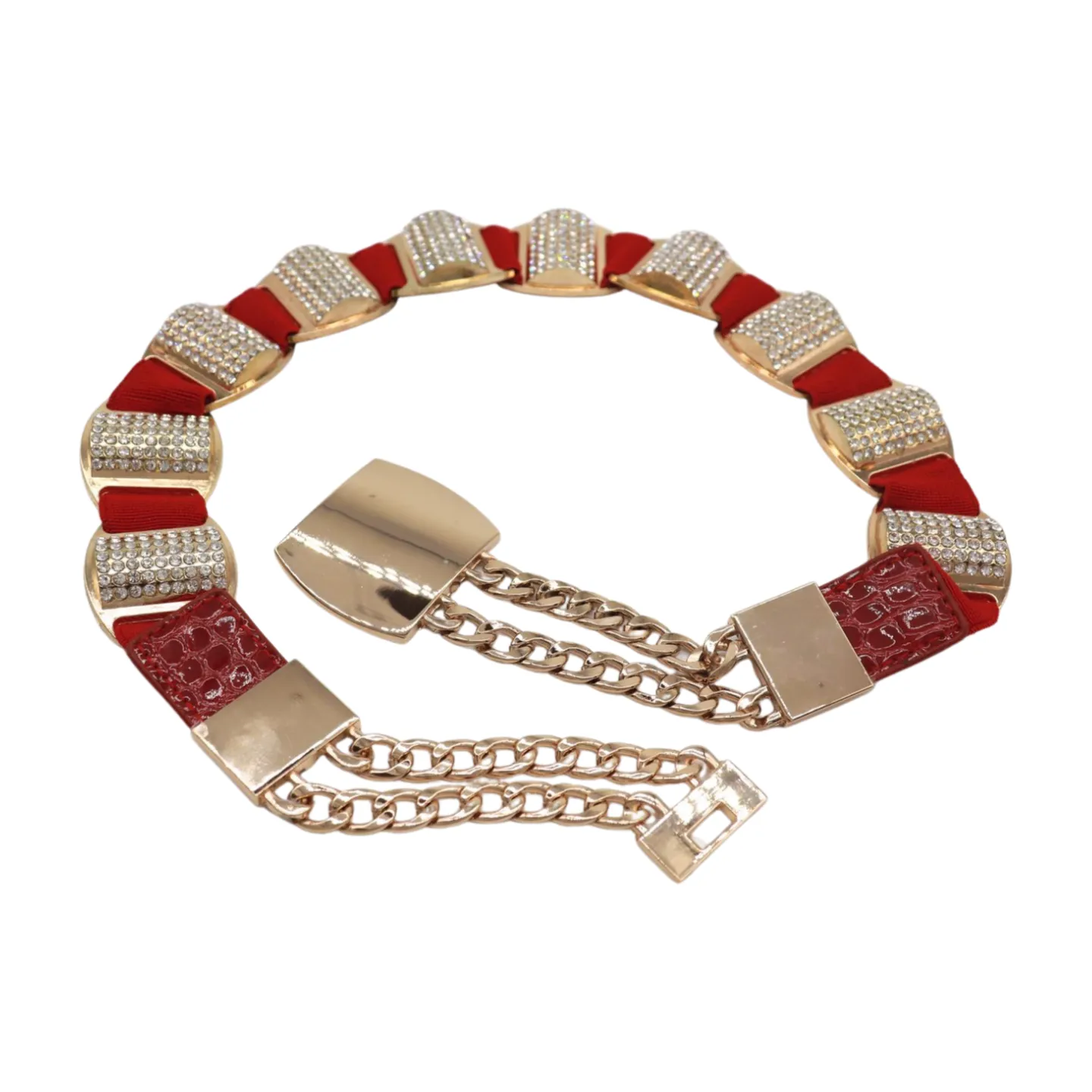 Red Elastic Waistband Belt Gold Metal Square Buckle Fit Size S M