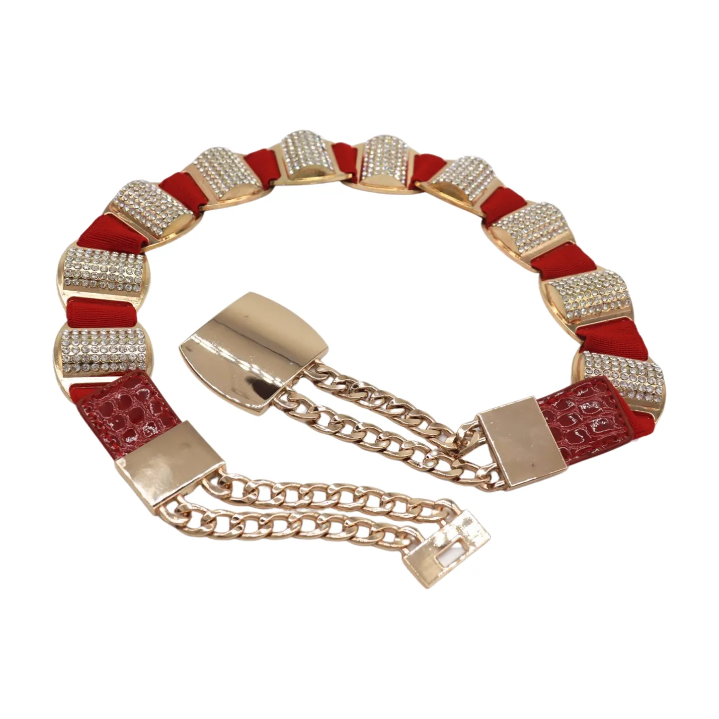 Red Elastic Waistband Belt Gold Metal Square Buckle Fit Size S M