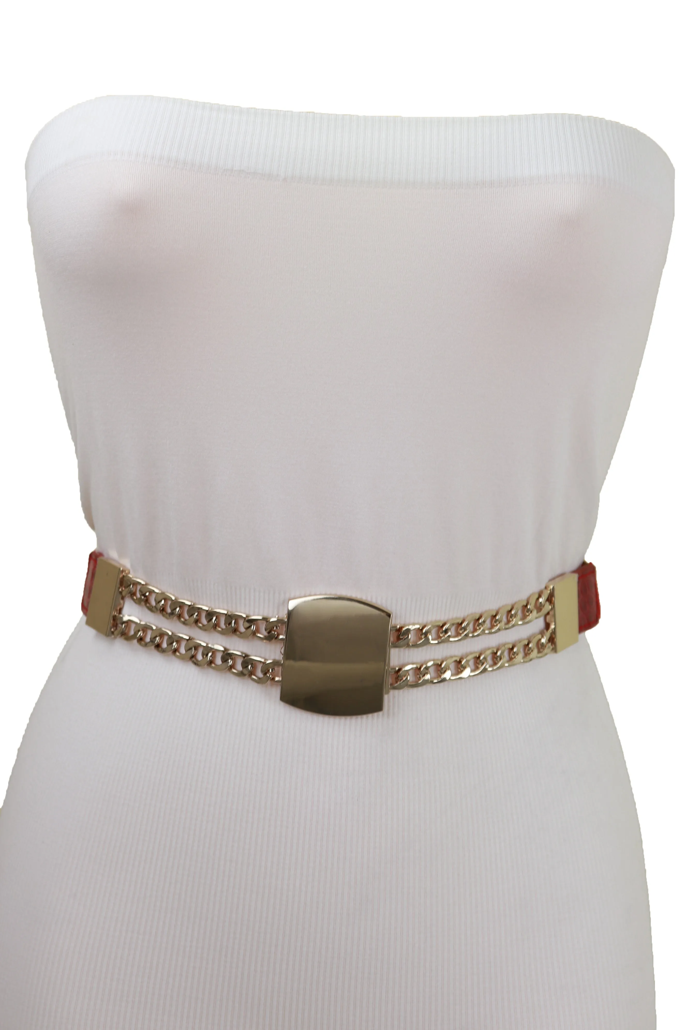 Red Elastic Waistband Belt Gold Metal Square Buckle Fit Size S M