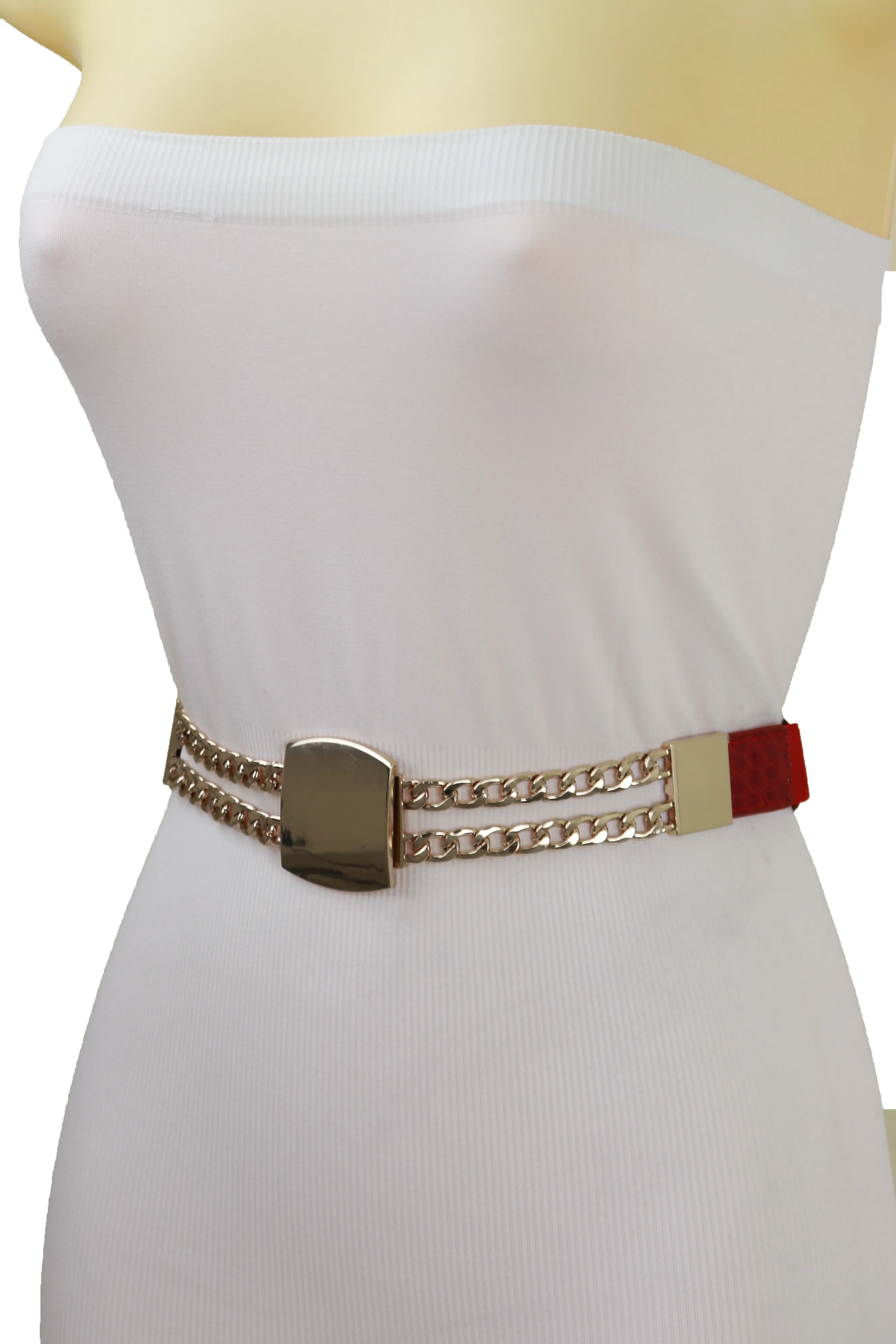 Red Elastic Waistband Belt Gold Metal Square Buckle Fit Size S M