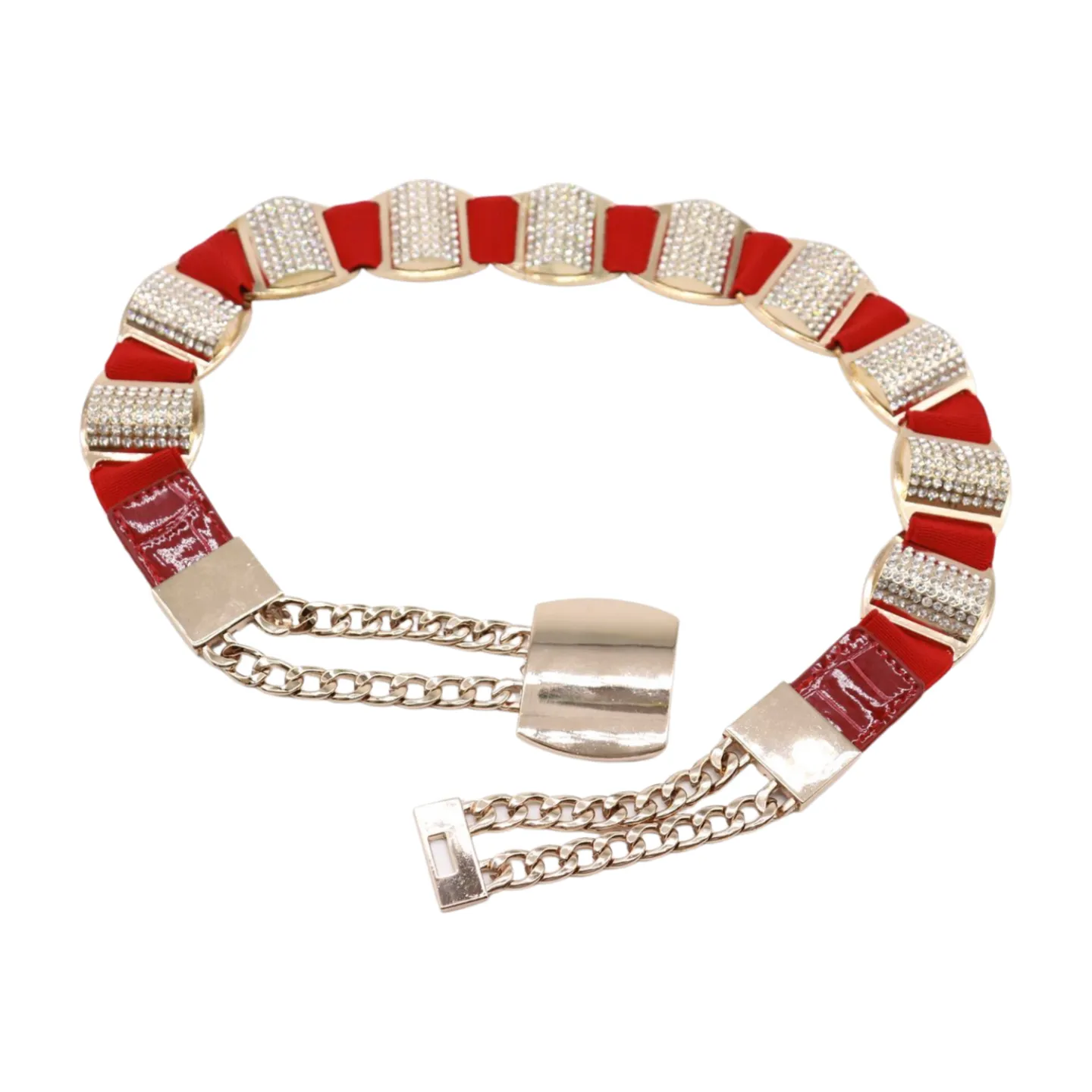 Red Elastic Waistband Belt Gold Metal Square Buckle Fit Size S M
