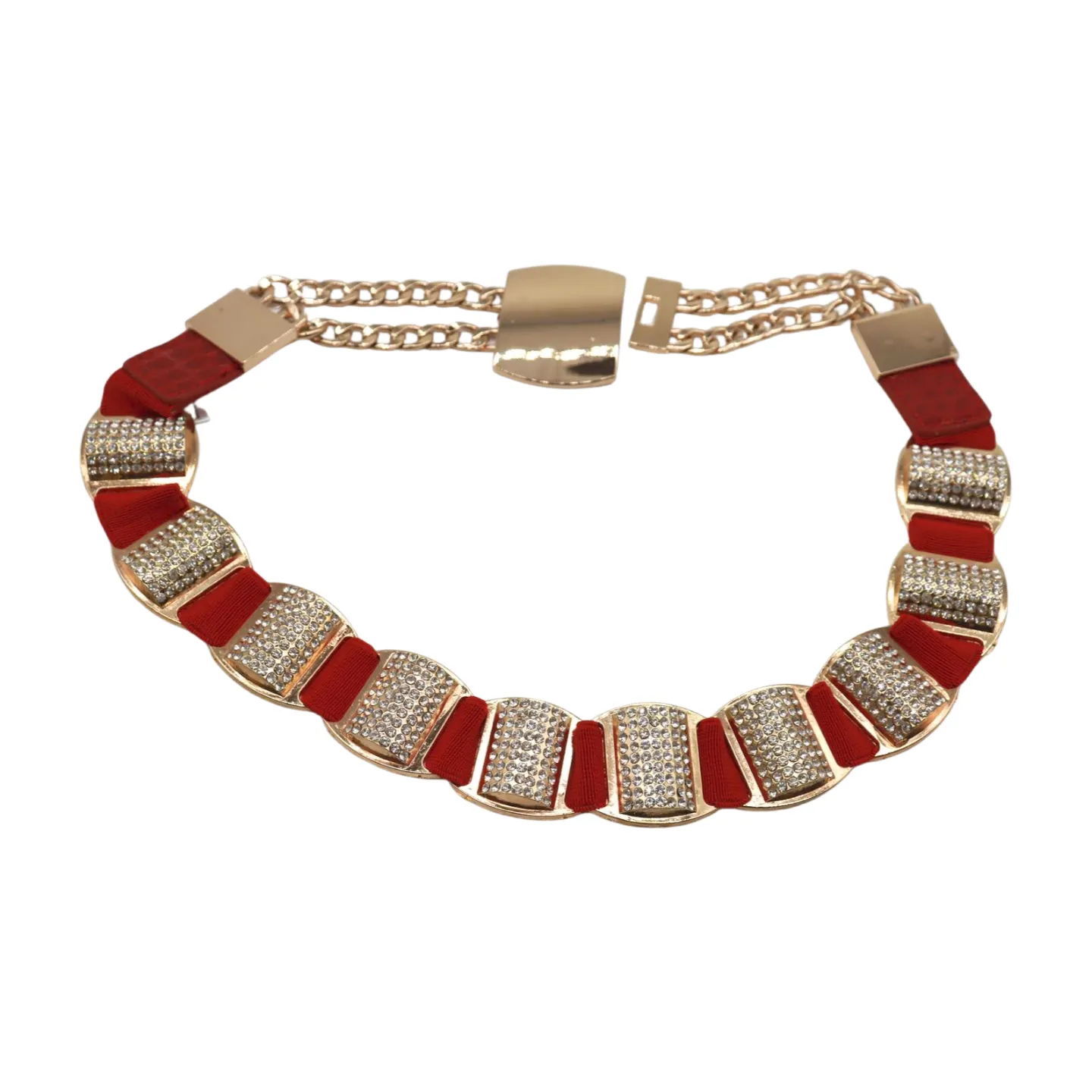 Red Elastic Waistband Belt Gold Metal Square Buckle Fit Size S M