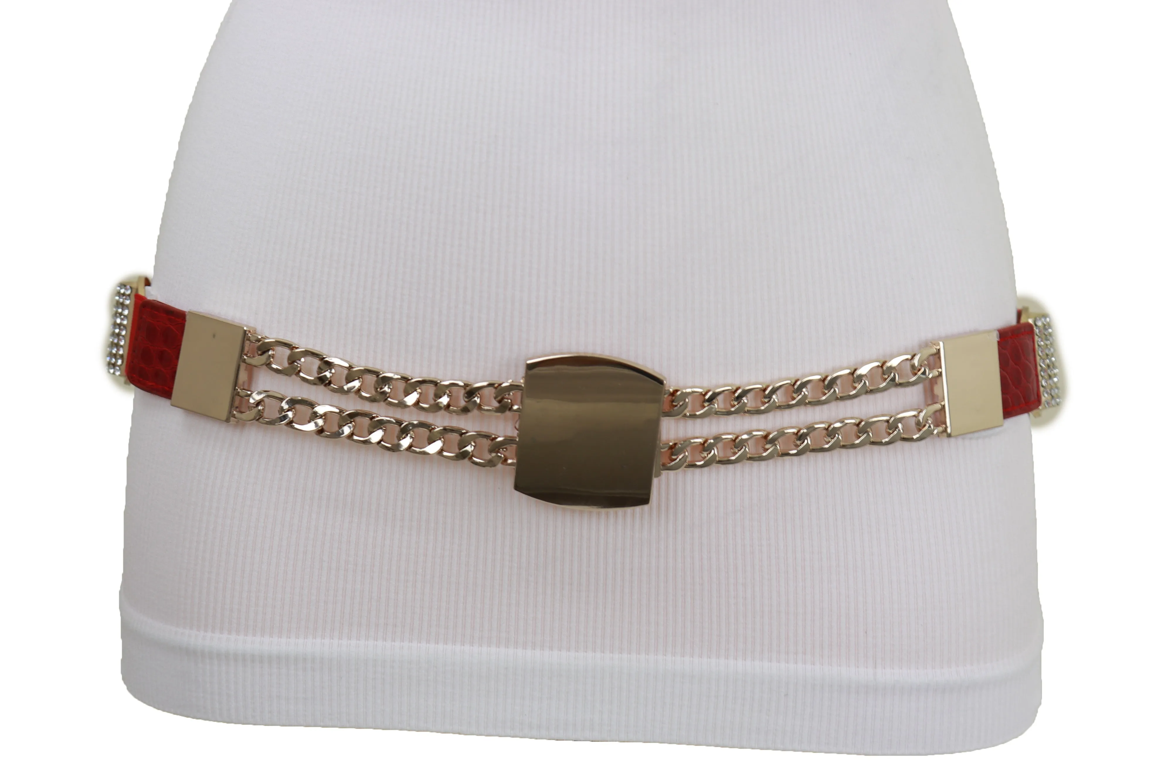 Red Elastic Waistband Belt Gold Metal Square Buckle Fit Size S M